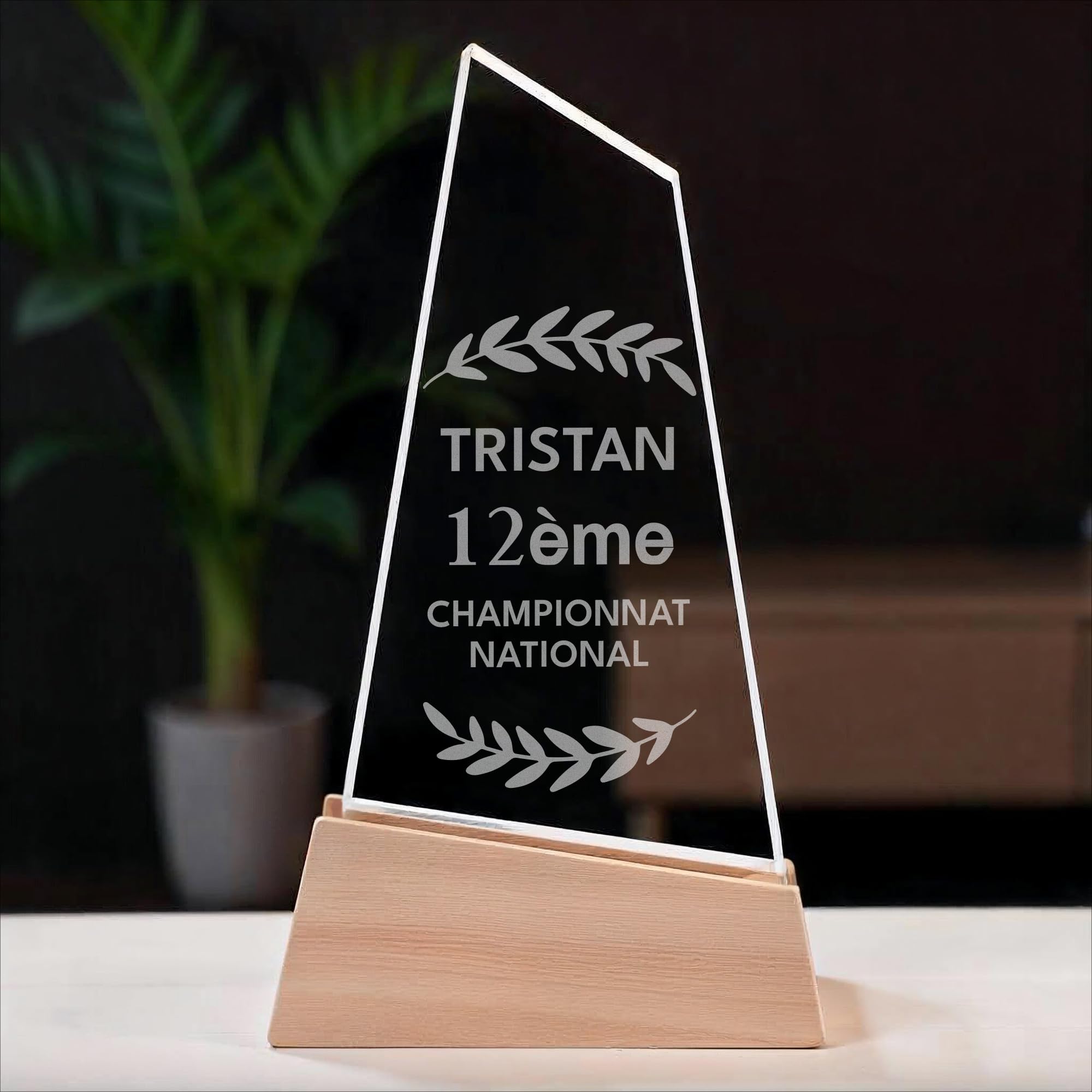 KDO MAGIC - Trophée Personnalisable Base en Bois - Coffret Cadeau Inclus - Verre gravé - Texte, prénom ou Date gravé - Retraite, Récompense, Sport