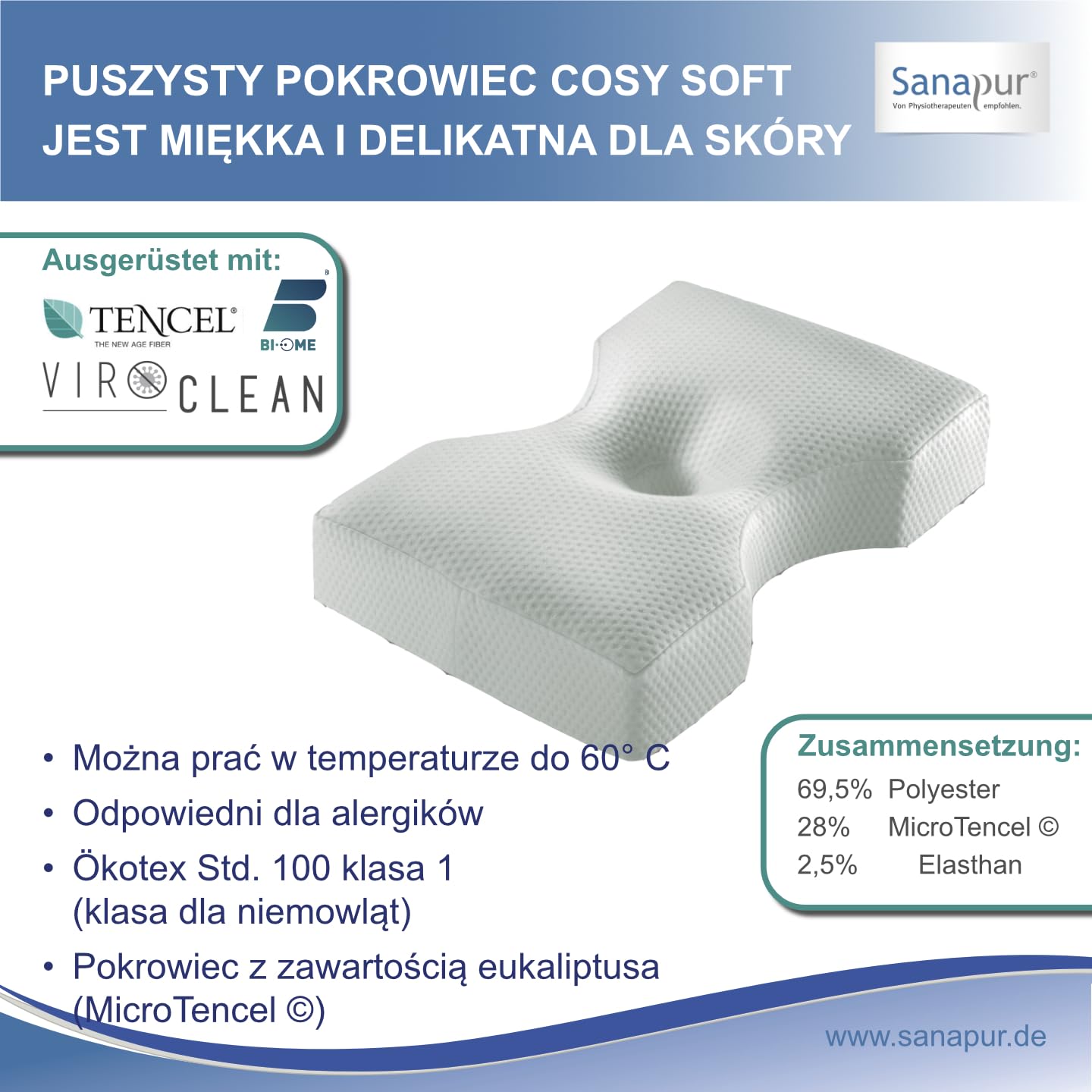 Poduszka Sanapur Original 4.0 - wersja Clima - poduszka ortopedyczna do spania na boku Wyprodukowana w Niemczech z lateksu Talalay/miękkiej pianki