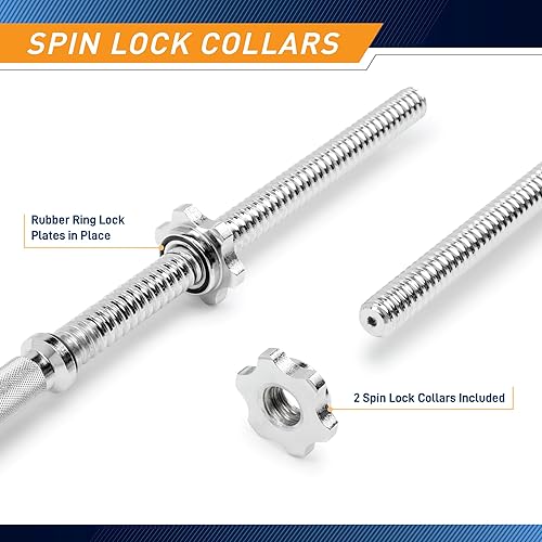 Miniatura 4 de Marcy Barra de peso estándar de dos piezas de 6 pies con collares de bloqueo giratorio roscados para placas de peso de 1 pulgada, accesorio de pesas