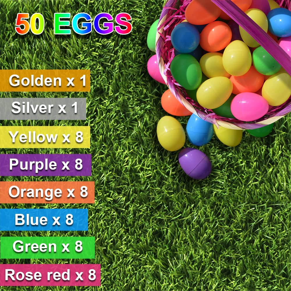 Taspire 50 Pieces 2.52" Plastic Easter Eggs, Fillable Easter Eggs for Egg Hunt, Color Silver Gold, 1x4m - Image 2