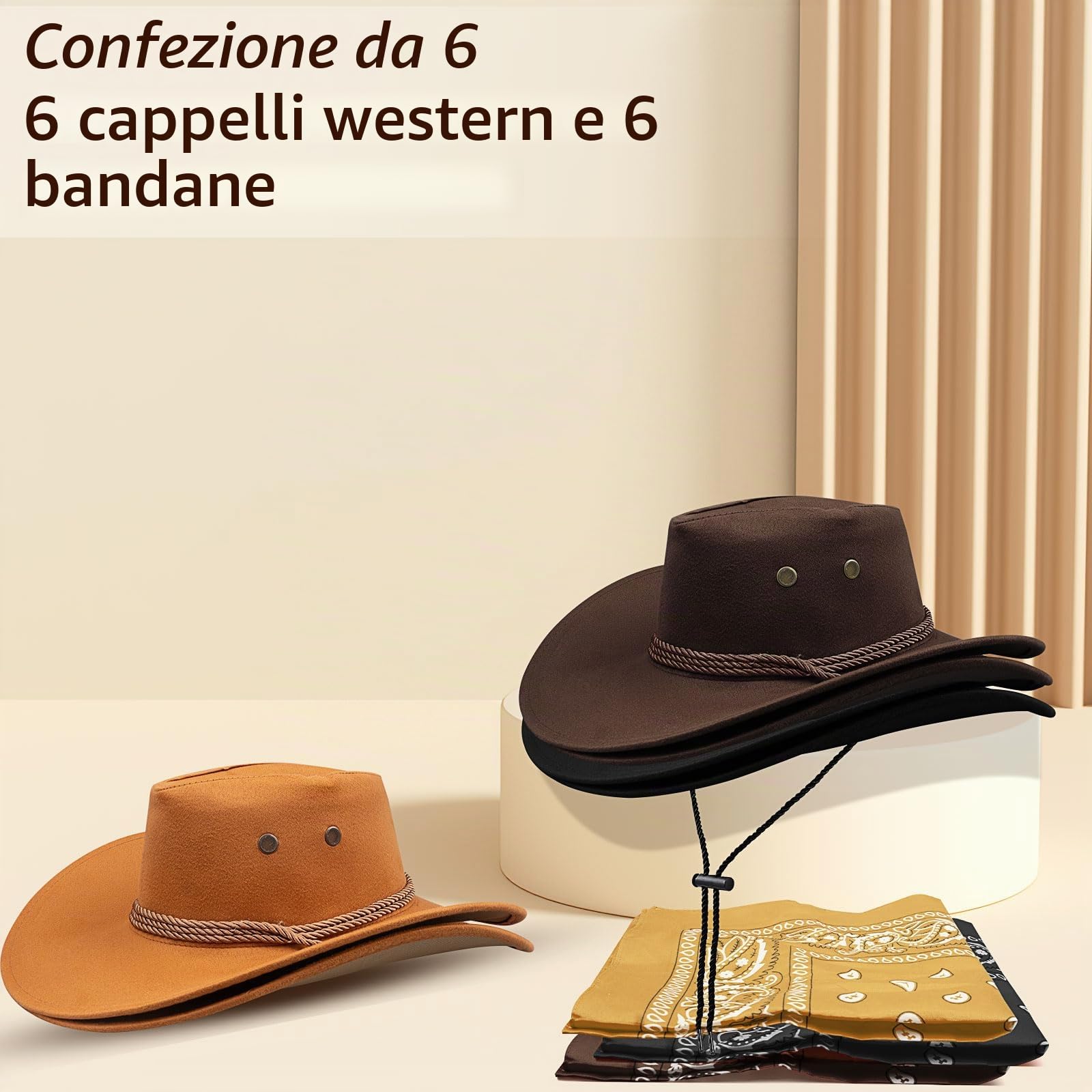 MSYU Set di 6 cappelli da cowboy per donne e uomini, unisex, cappello da cowboy western, in feltro, con bordo largo, cappello classico panama per esterni, cappelli da cowboy con bordo largo