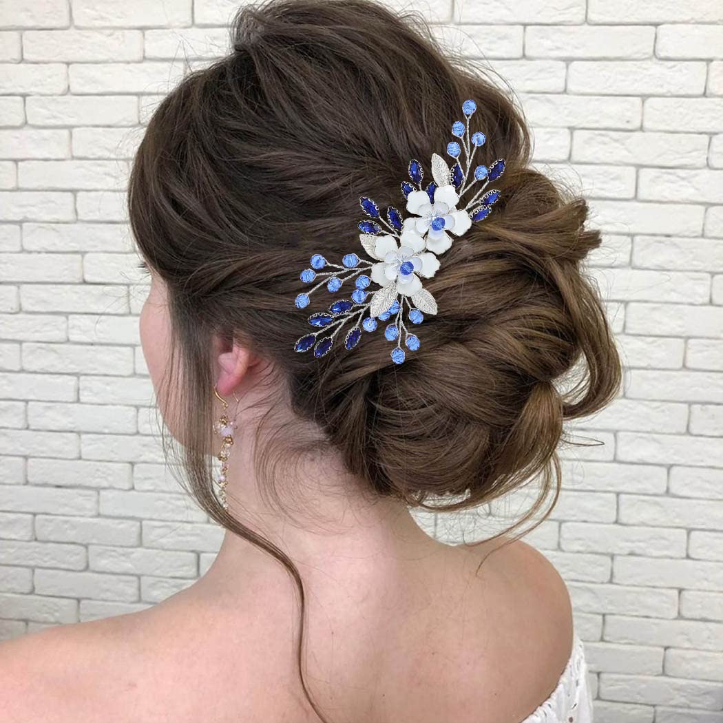 IYOU Flor Boda Peine Azul Cristal Nupcial Accesorios para el Cabello Barroco Paseo Novia Piezas de Cabello por Mujeres