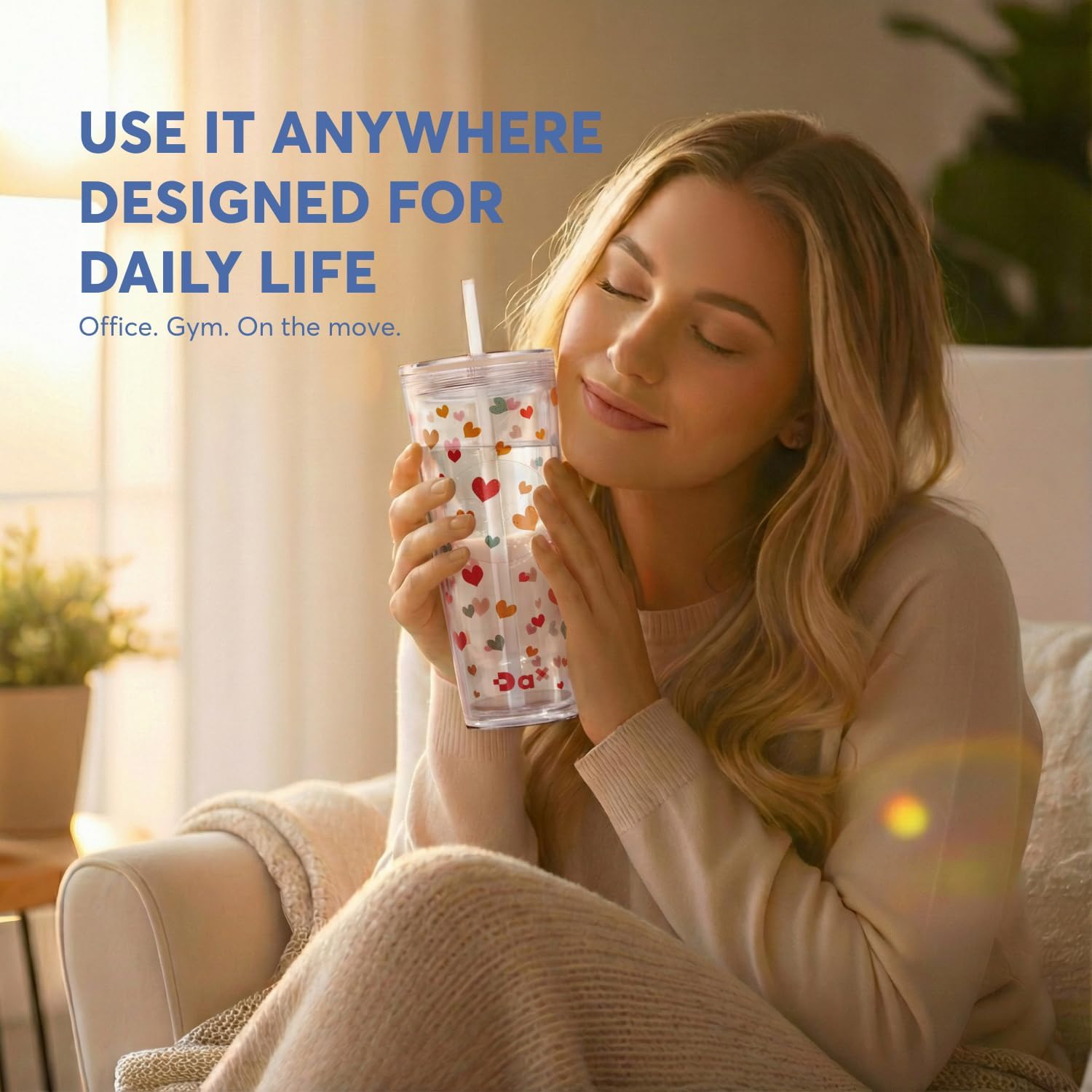 DA Plastic Tumbler With Lid And Straw, Double Wall Design, Leak Resistant Reusable BPA Free Travel Cup For Iced Coffee And Smoothies, 24oz (Colorful Hearts) - Image 6