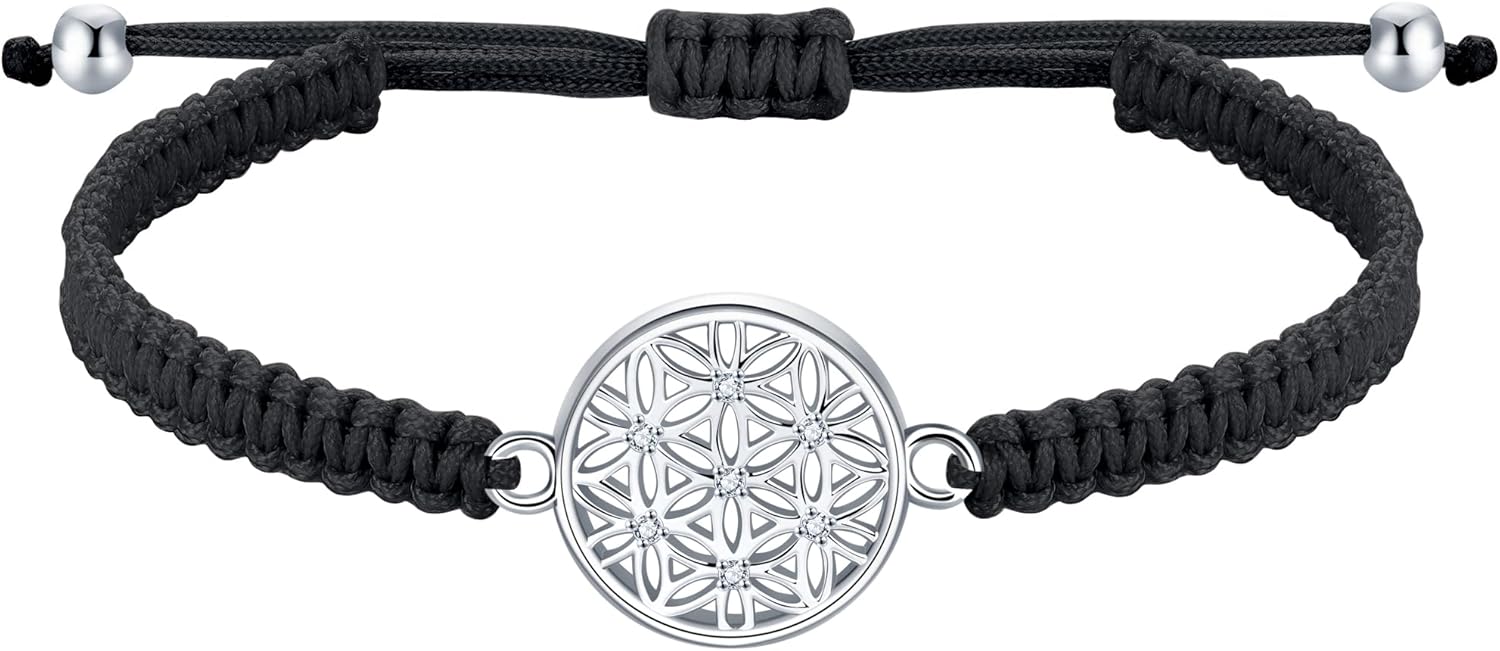 J.Endéar Flower of Life Bracelet for Women, 925 Sterling Silver Zirconia Handmade Filigree Rope String Adjustable Bracelet, Amulet Lucky Jewelry Gift