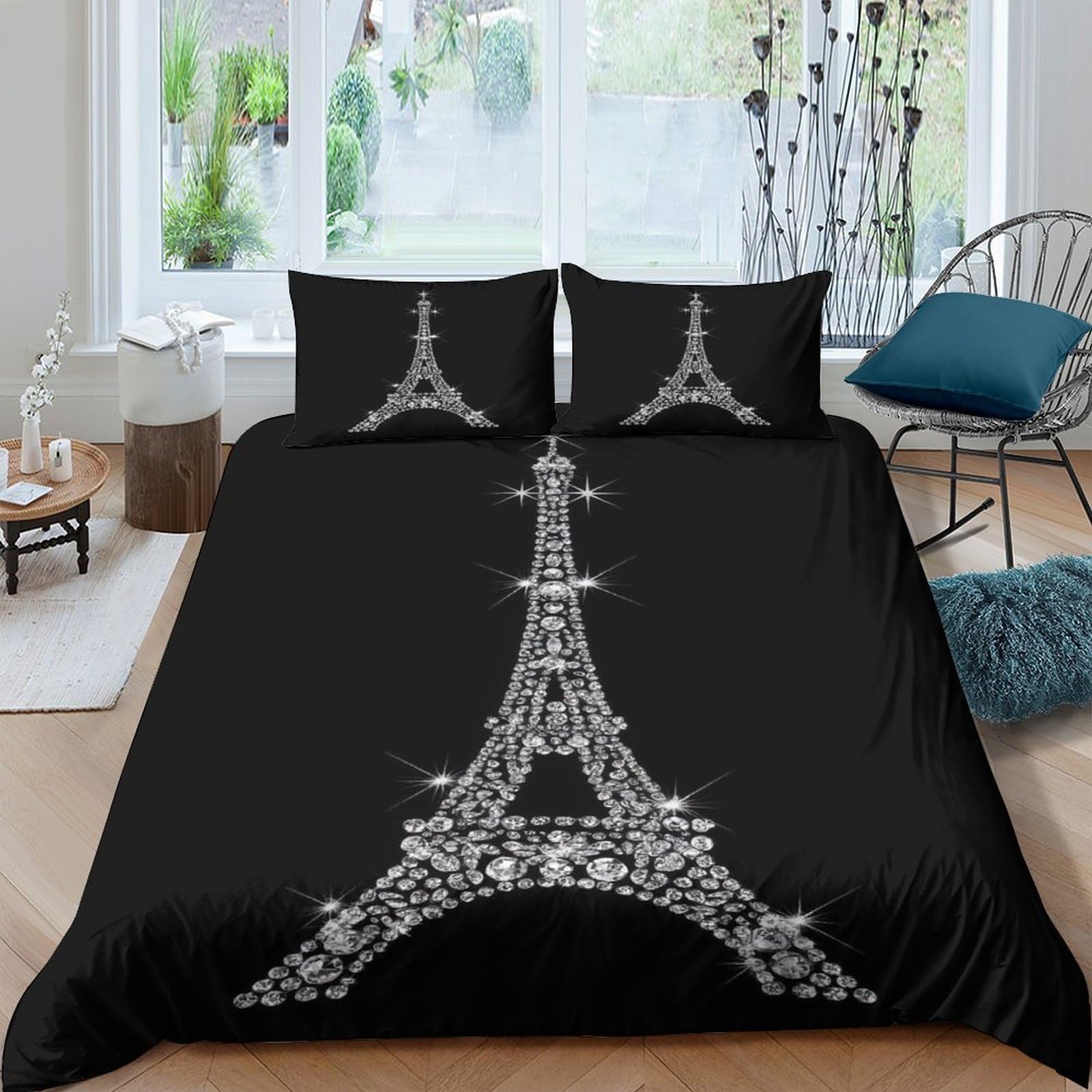 GPLZQXKJNH 3D Printed Eiffel Tower Paris Duvet Cover Set Microfiber Soft Black Bedding with 2 Pillowcases for Bedroom Decor Single（135x200cm）