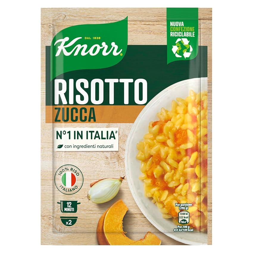 Knorr Risotto alla Zucca, Risotto Pronto con Ingredienti Naturali, 100% Riso Italiano e Chicci al Dente, Preparazione in Pentola o al Microonde, 175g, 2 Porzioni