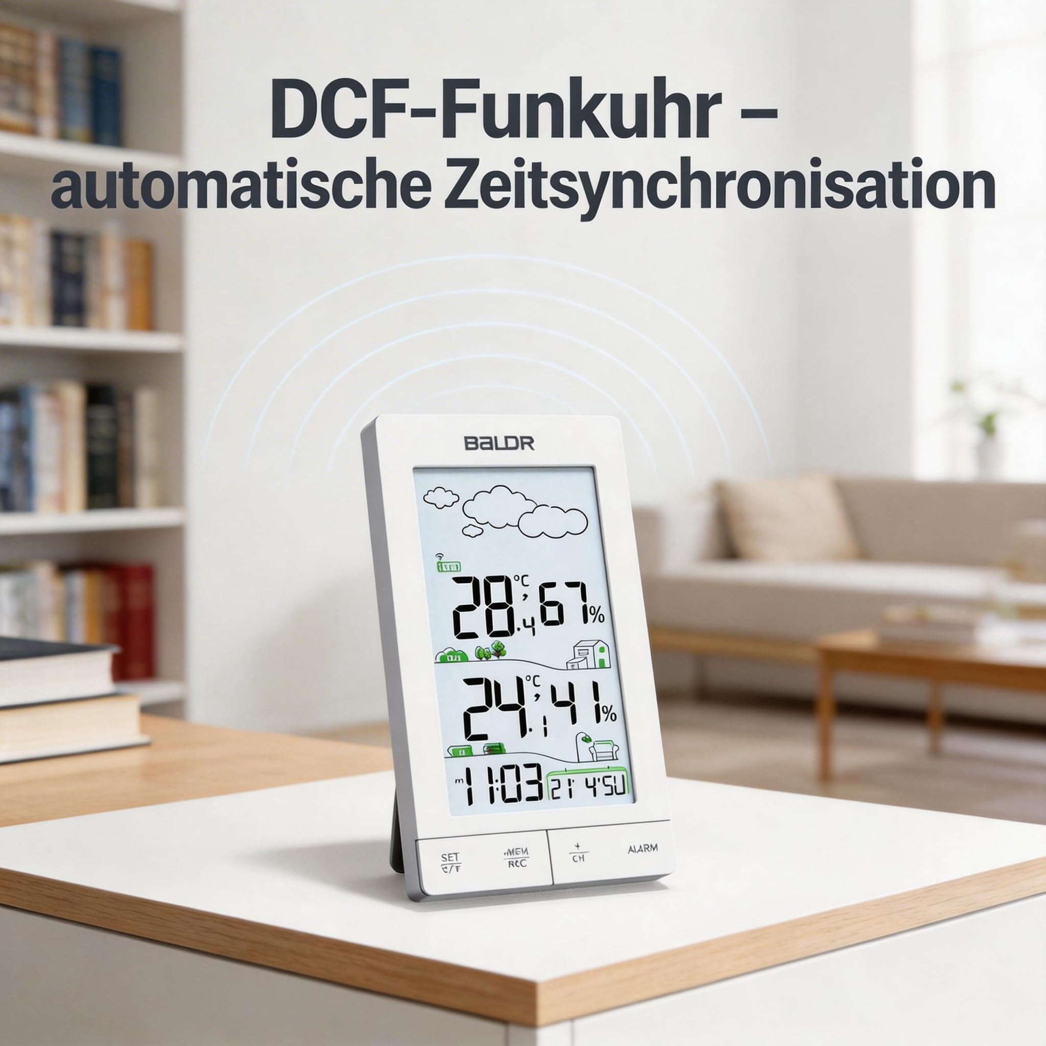 Konsen Wetterstation Funk mit Außensensor – 5" Display mit Hintergrundbeleuchtung, DCF Funkuhr, Innen- & Außentemperatur, Luftfeuchtigkeit, Wettervorhersage, einfache Bedienung durch vordere Tasten