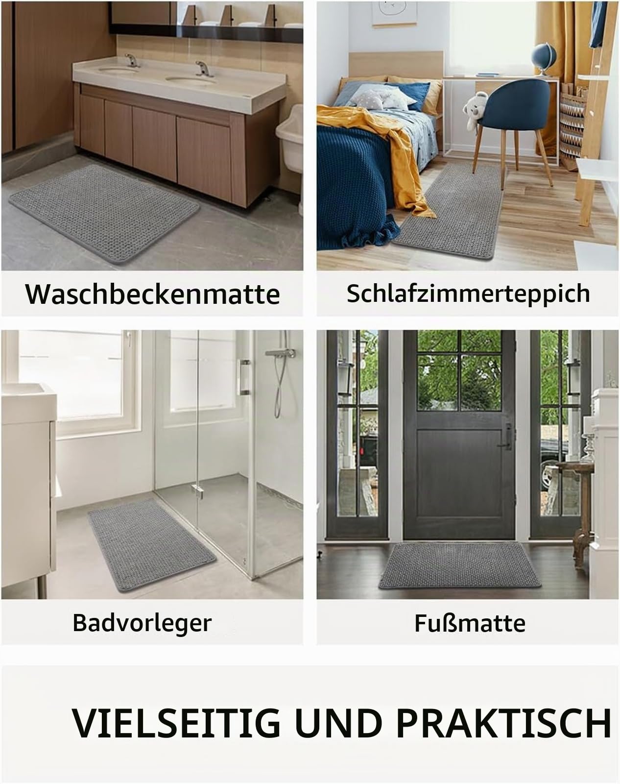 Chenille Badezimmerteppich rutschfeste Badematte Waschbar Badteppich Weich Badvorleger Saugfähige Duschvorleger für Badezimmer, 60x160 cm, Grau