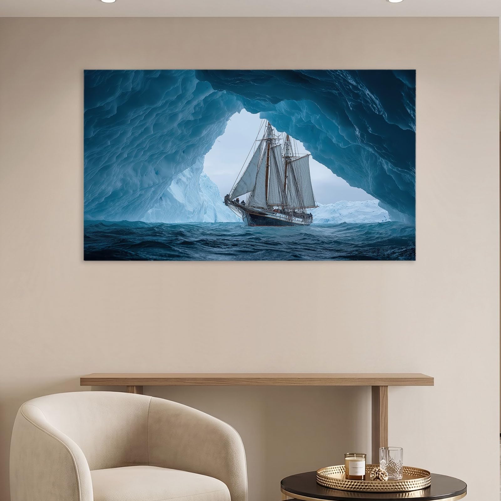 WTD - Lienzo decorativo para salón, diseño náutico, 70 x 50 cm, impresión artística para dormitorio, pasillo, oficina y cocina - velero glaciar océano iceberg azul