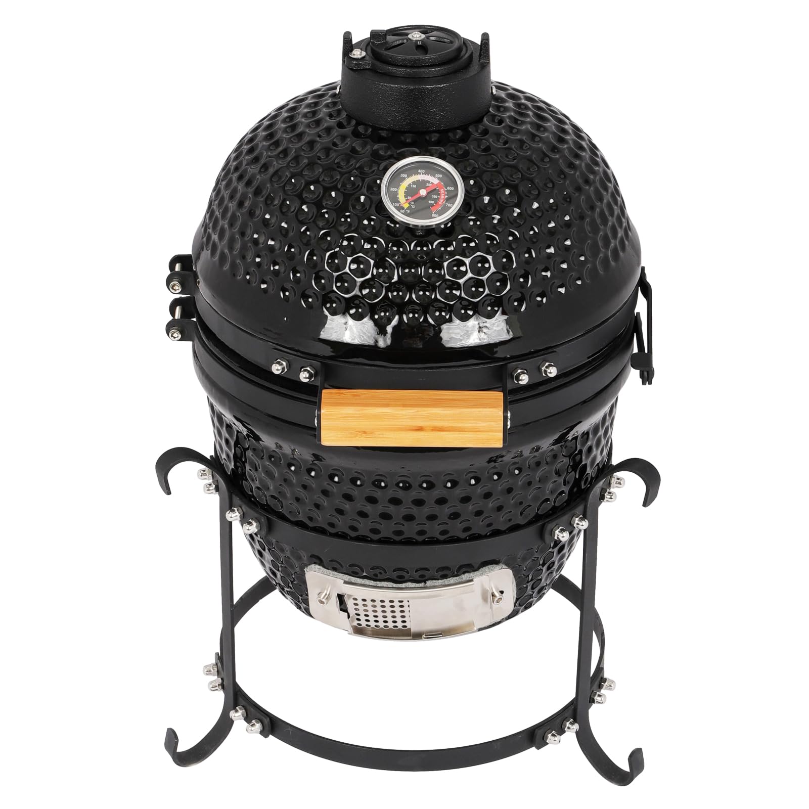 Doredo 13-in W Kamado Grill with Built-in Thermometer, Oval Grill with Cast Iron Grates, Bamboo handle, Portable Ceramic Grills with Low Stand for