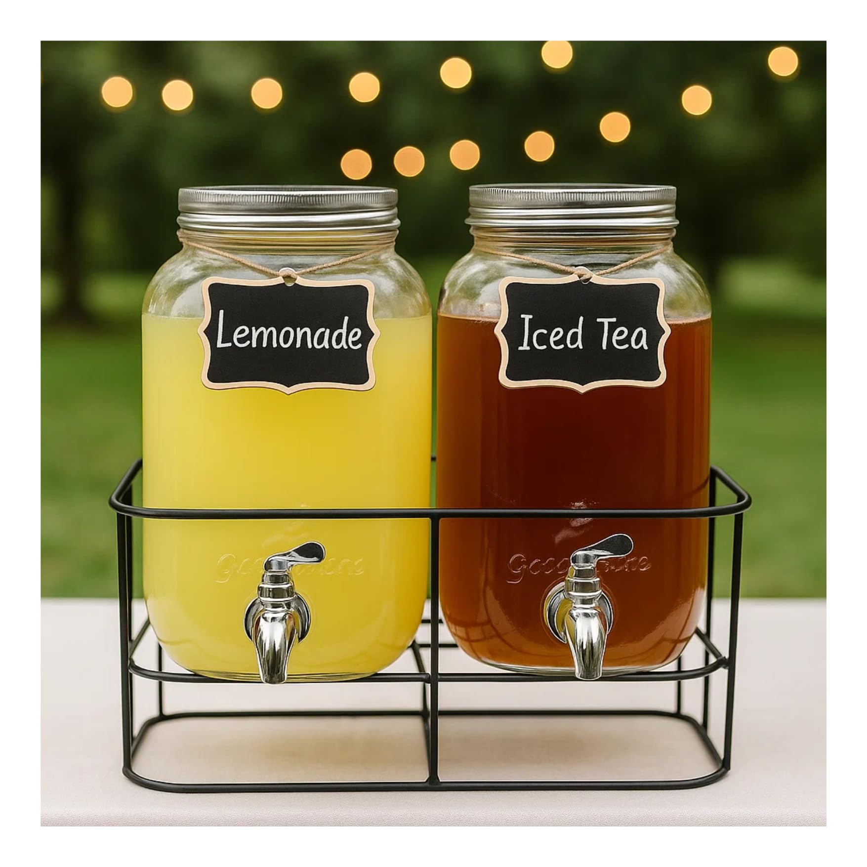 Trendi 2 x 4L Glass Drink Dispenser | Mason Jar Beverage Dispensers with Leakproof Taps, Metal Stand & Chalkboard Tags | Ideal for Juices, Cocktails, Party Drinks, Cold Beverages