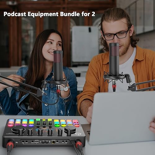 Miniatura 2 de Paquete de equipo de podcast para 2, mezclador de DJ de interfaz de audio con micrófono condensador XLR de 48 V, RGB, cambio de voz, para