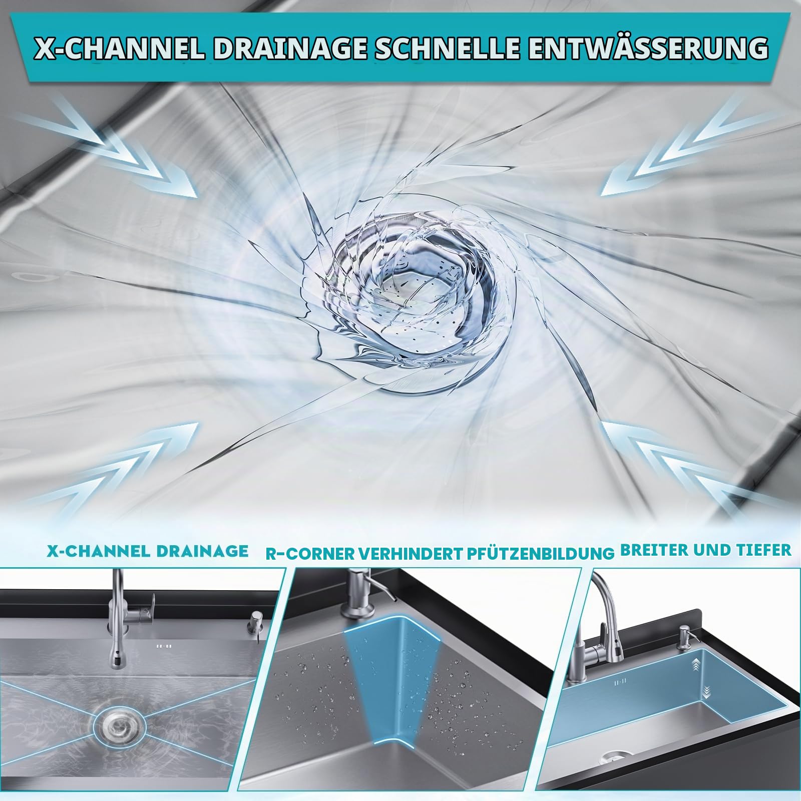 Freistehende Edelstahl Waschspüle für Außenbereich, Spülbecken Küchen Spüle mit Abtropfschale & Ausziehbarem Wasserhahn & Kalt-Warmwasserrohre, Kitchen Sink Handwaschspüle für Küche, Garage, Garten