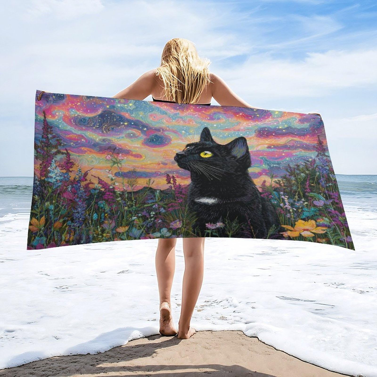 Luyysky Cute Abstract Black Cat Quick-Drying Beach Towel, Retro Watercolor Sunset Botanical Plant Daisies Flowers Animal Kitten Travel Vacation Single Sided Pile Bathroom Towels-80 W Cm X 160" L Cm