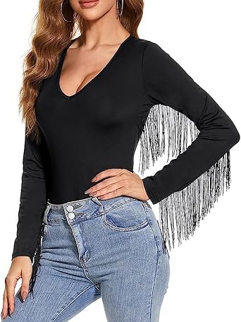 Womens Tassels V Neck Long Sleeve Bodysuit Tops Jumpsuit Leotard Clubwear