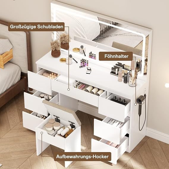 TRIUMPHKEY Large Dressing Table with Mirror and LED Lighting 115 cm Adjustable Colour Temperature 7 Drawers Dressing Table with Stool 115 x 40 x 139 cm White