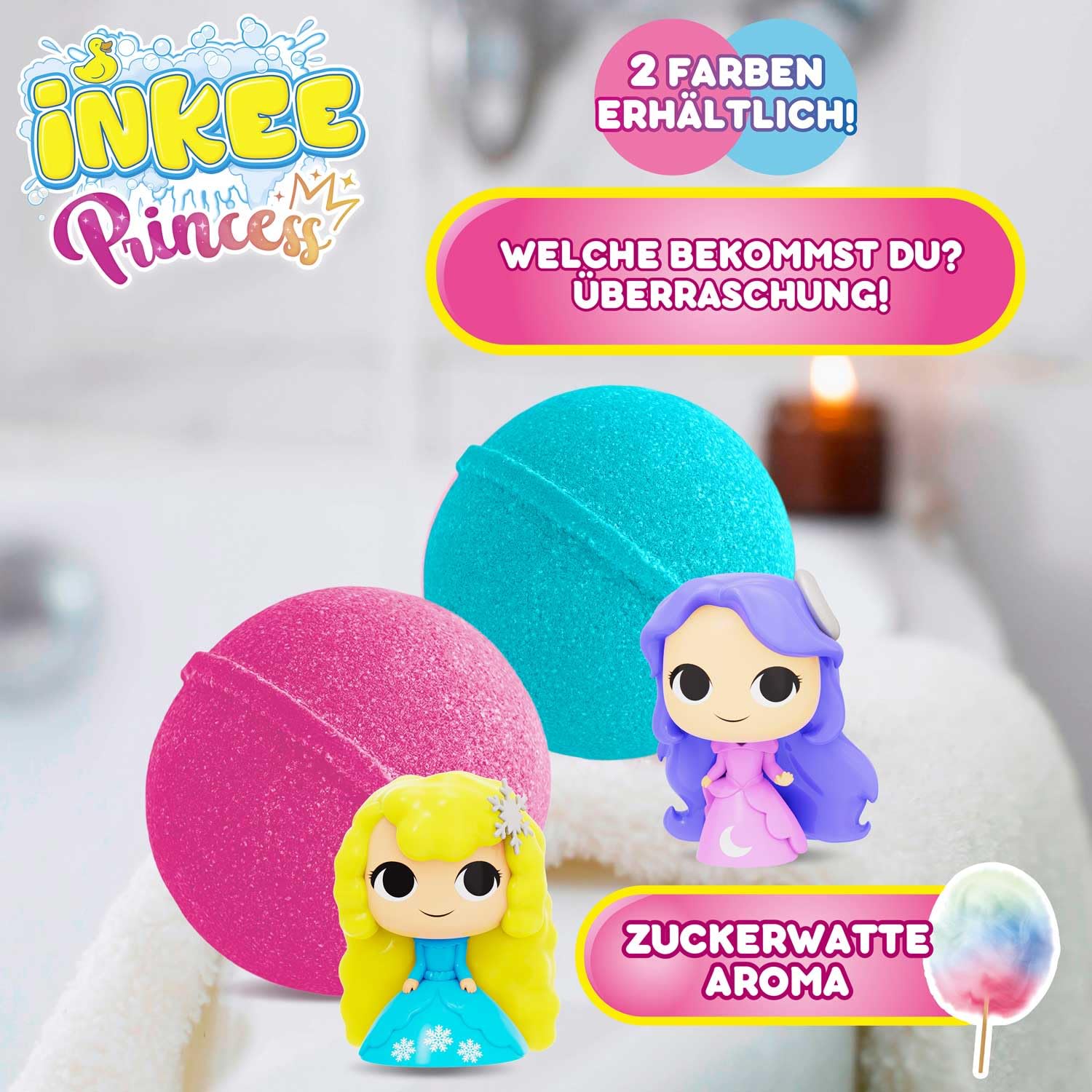INKEE Boule de bain Princesse - Bombe de Bain Enfant avec Surprise, Figurine Princesse à l'intérieur, Parfum Barbe à Papa & Huile d’Amande Douce, 100g – Testée Dermatologiquement