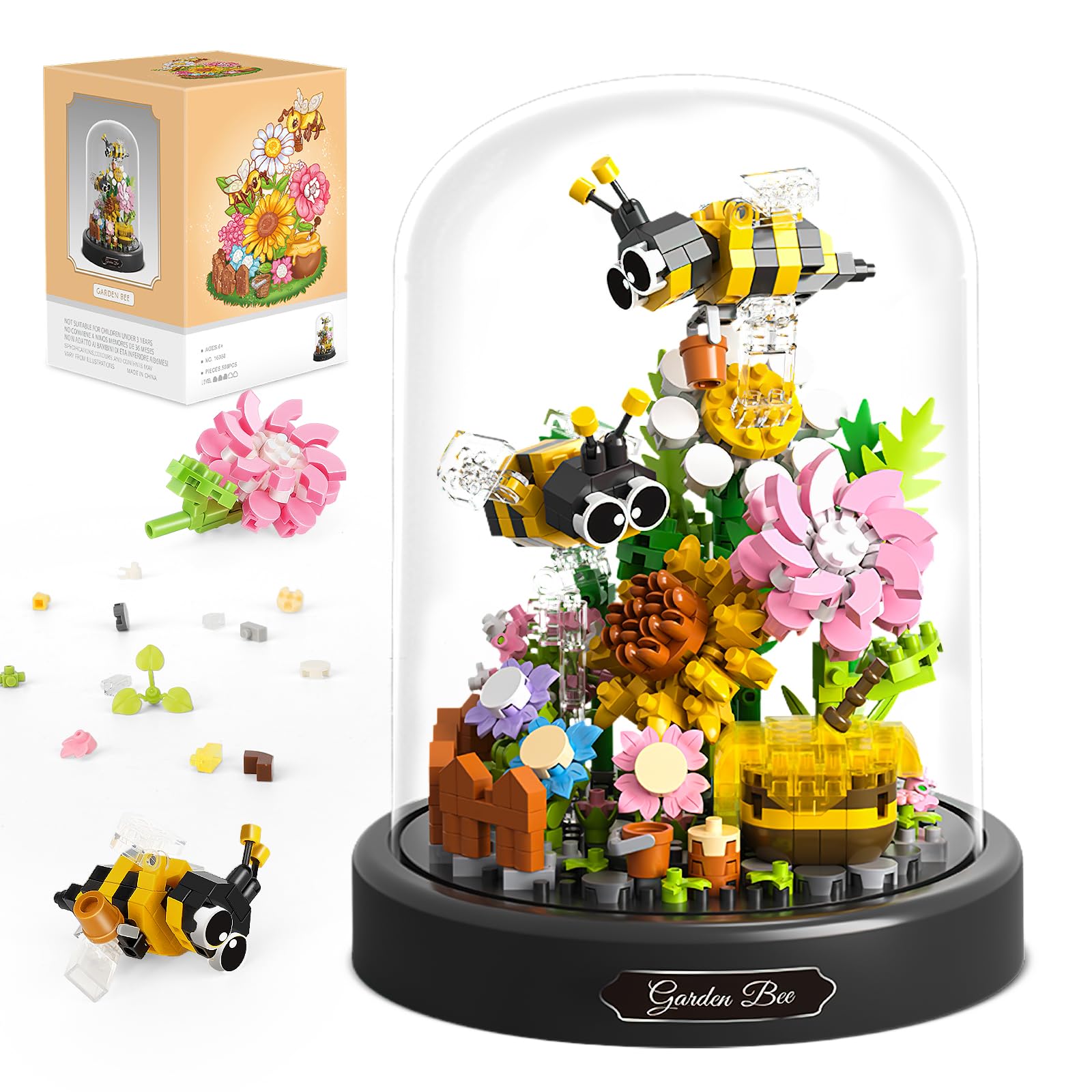 QLT QIAOLETONGFlower Bouquet Building Sets, 588 PCS Animals Flowers Botanical Collection Mini Bricks Building Blocks Toy for Adults, Valentine's Day for Her Mom Women Wife Girlfriend (Bee)