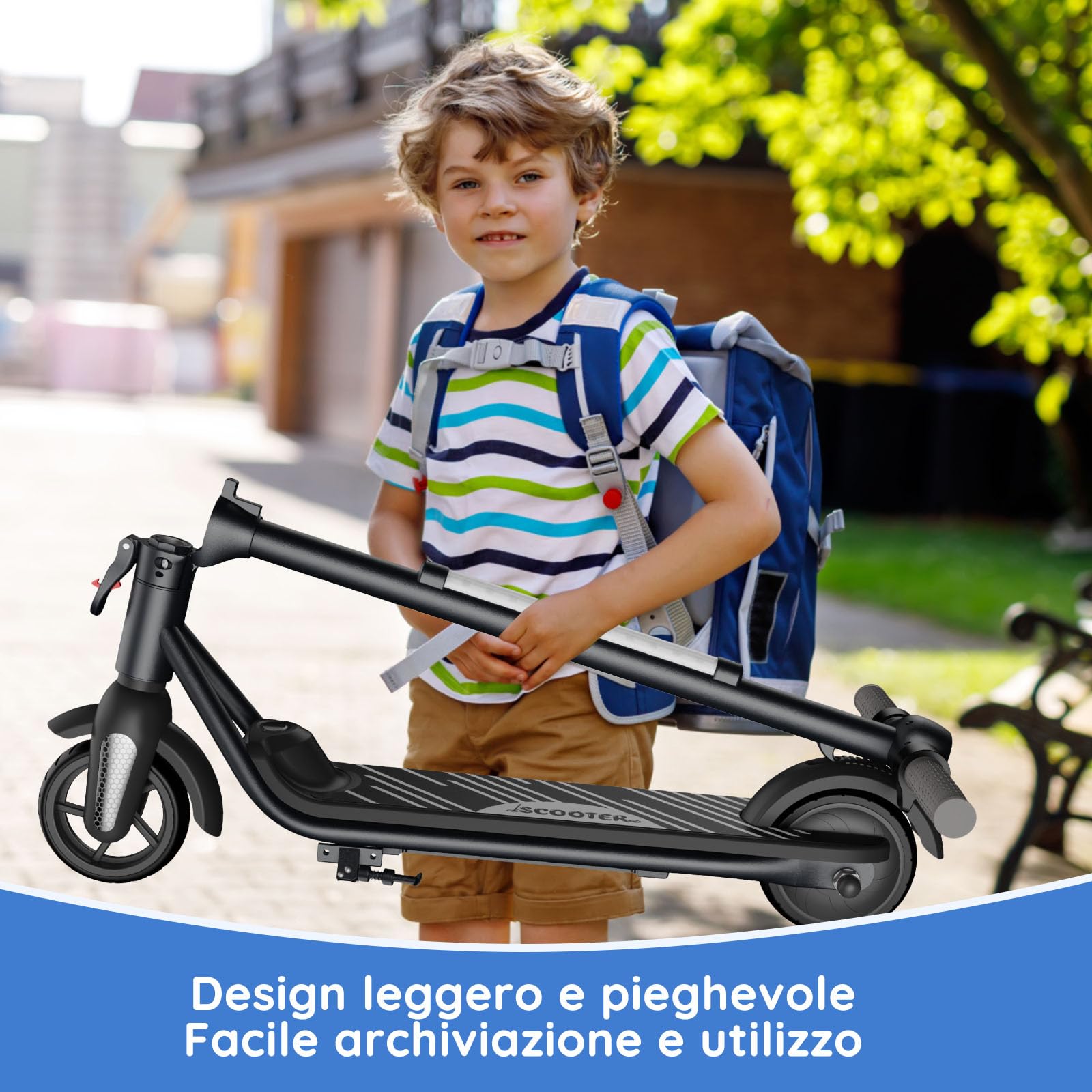 Monopattino elettrico per bambini 6-12 anni, motore 80W, velocità 6/12 km/h, autonomia 8 km, capacità 50 kg, display LED & luci arcobaleno, monopattino pieghevole per bambini