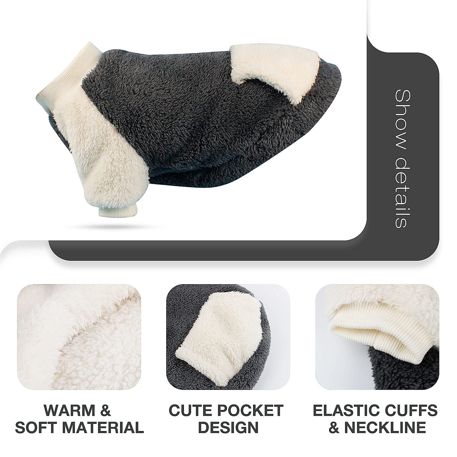 NAMSAN Maglione invernale per cani di piccola taglia, con design tascabile, in pile caldo, per cani di piccola taglia, grigio, XXL