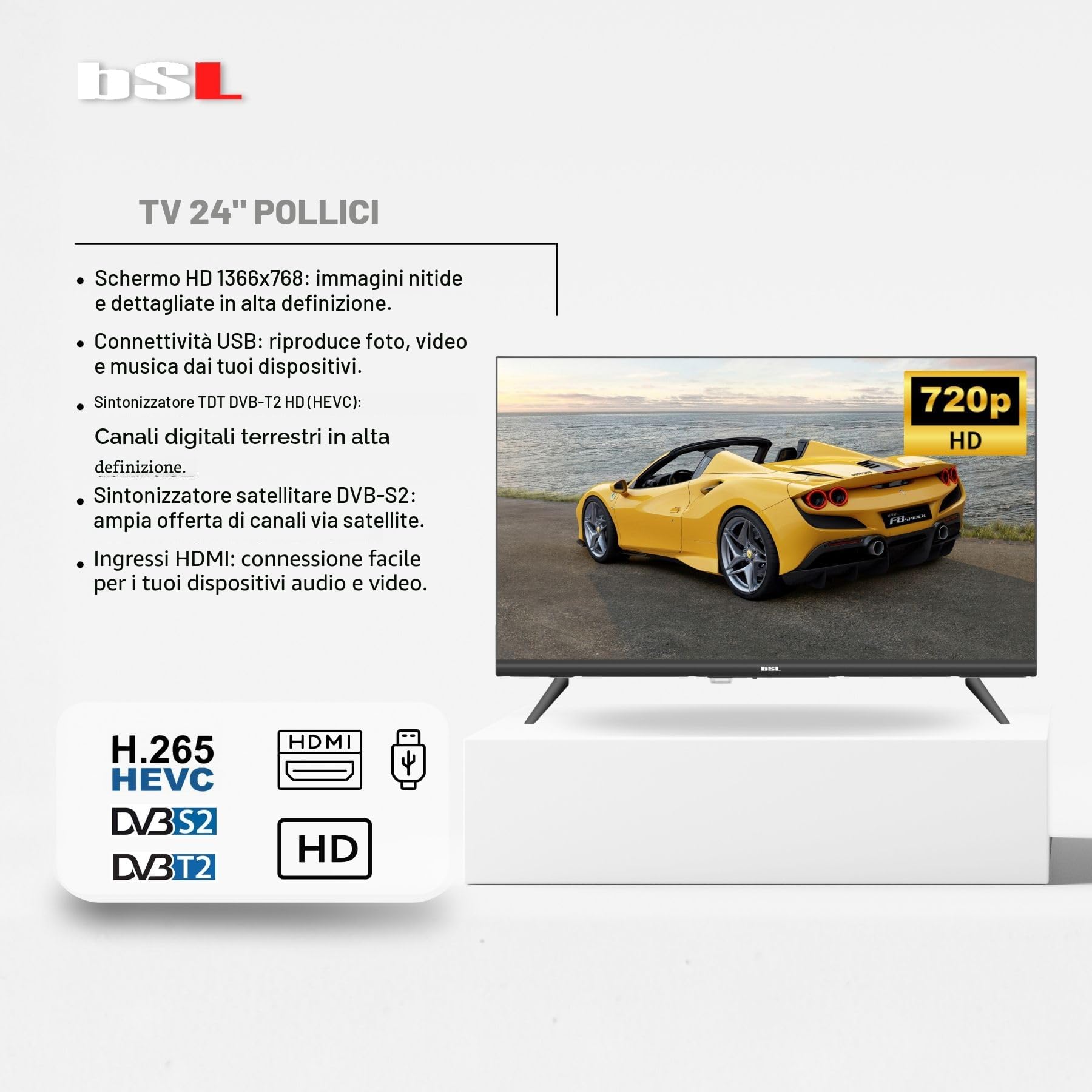 TV 24" BSL-24T2HDV2 TV LED HD 1366x768 | 60Hz | USB | DVBT2 HD H.265 | DVB-S2 | HDMI