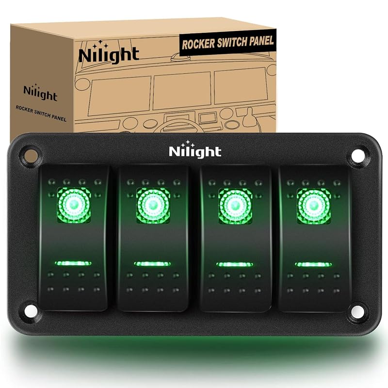 Painel com 4 interruptores basculantes Nilight SPST ON/OFF com iluminação verde – 12/24 V