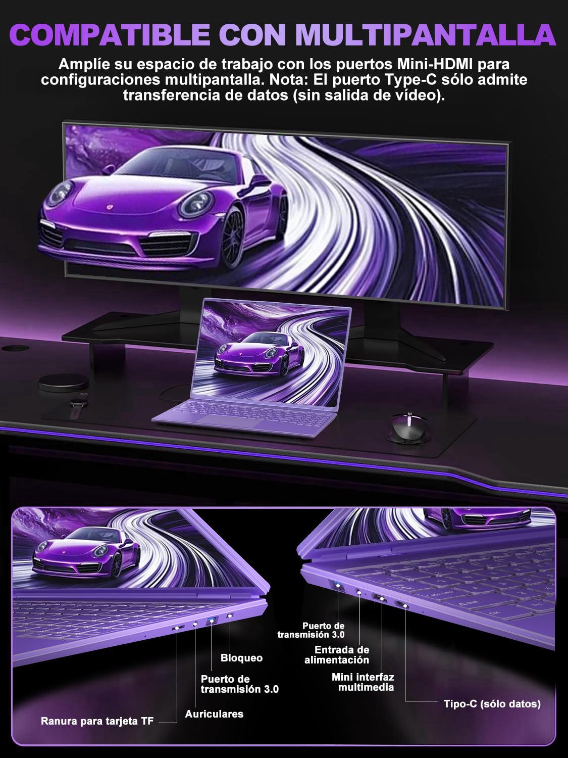 Ordenador Portátil 16 Pulgadas Celeron N5095 Up to 2.9Ghz, Portátil Win 11 con 5G WiFi 12+512GB SSD Expansión 1TB, BT 4.2 Mini Puerto Multimedia Portatiles Ventilador Refrigeración 1920*1200-Morado