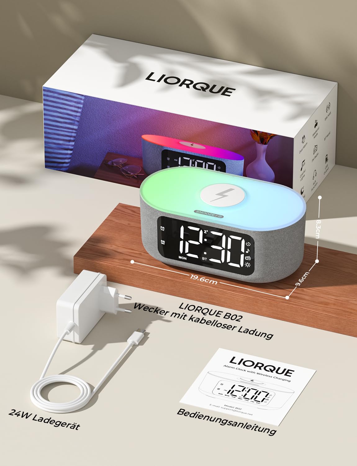 LIORQUE Digitaler Radiowecker mit Kabelloser Ladestation, Bluetooth Wecker mit Licht, 15W Fast Wireless Charger Qi, LED Display mit Auto Dimmer, 2 Wecker, Wochenendmodus, Schlafmusik