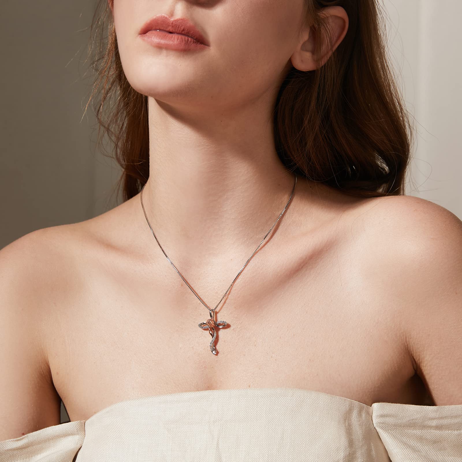 Collana Croce Infinito Rosa 18K placcato in oro bianco per Donna in Argento Sterling 925 con Ciondolo Diamante Simulato, Gioiello Elegante per Donne