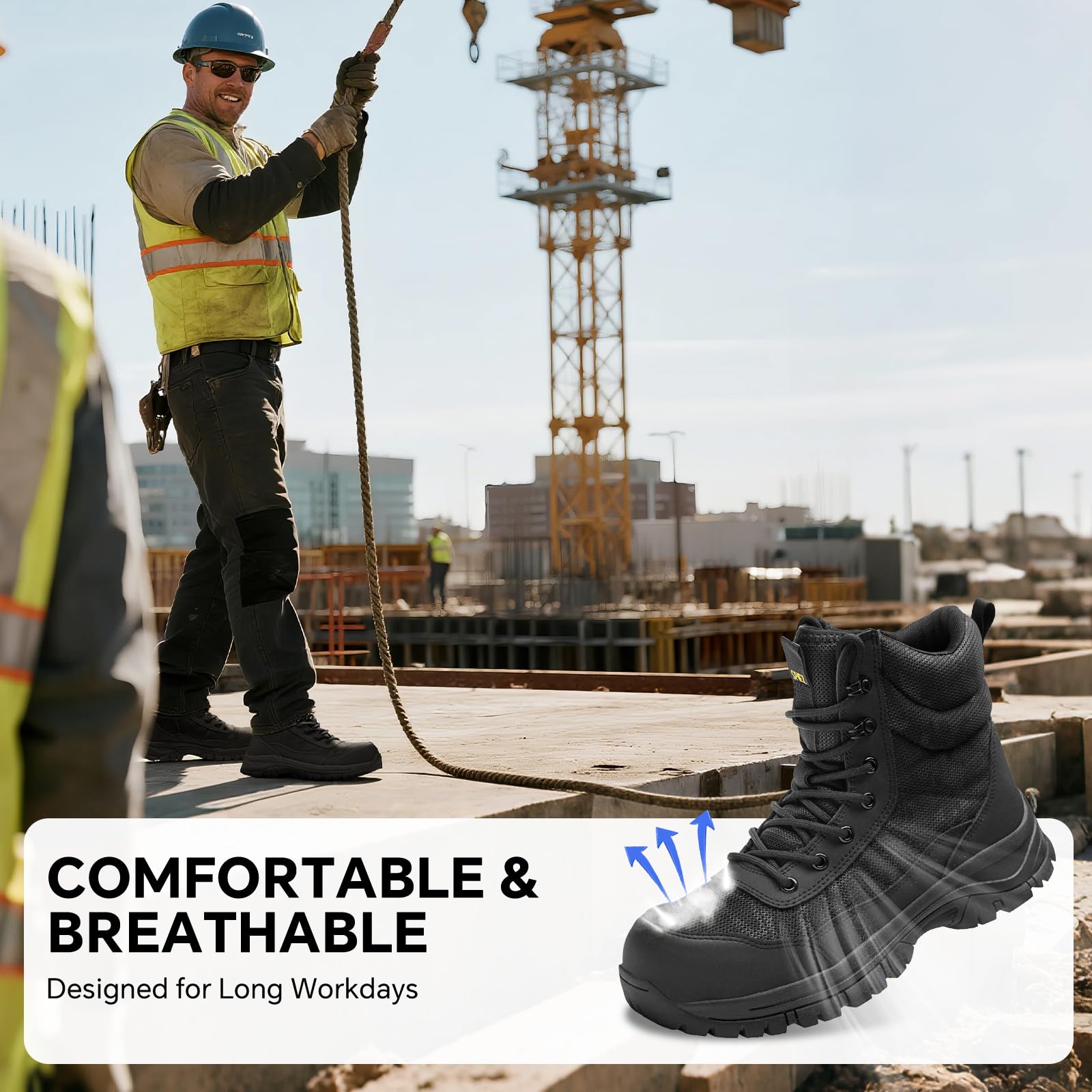 SPIEZ Chaussures de sécurité homme avec embout en acier, semelle antidérapante et anti-perforation, fermeture éclair latérale & légères pour le bâtiment et l’industrie, tailles 40–46