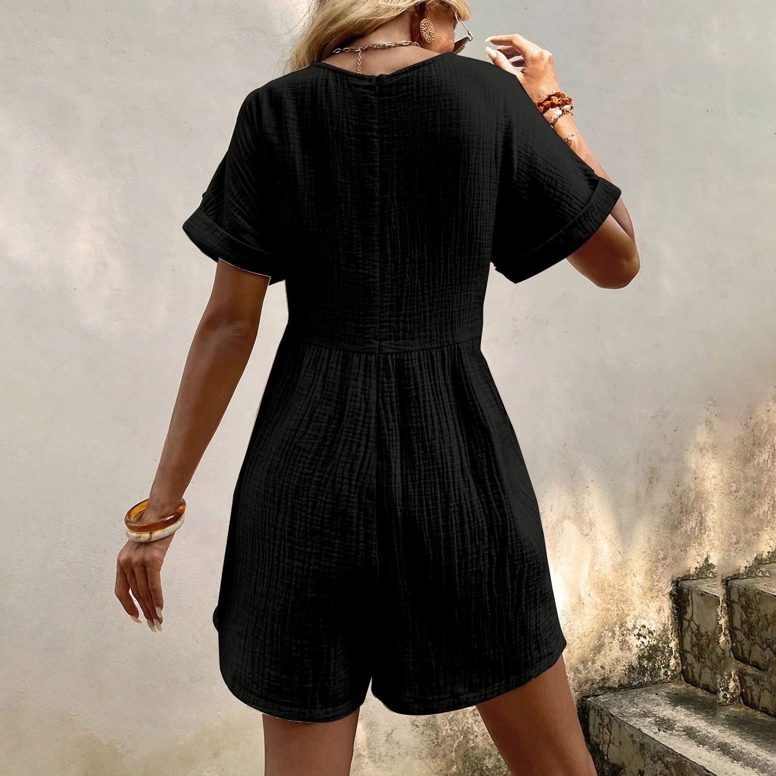 Tuta corta da donna in lino, scollo a V, a maniche corte, con | tasche, tinta unita, elasticizzato, elegante, ampio, tuta estiva leggera e ariosa, per l'uso quotidiano e l'ufficio