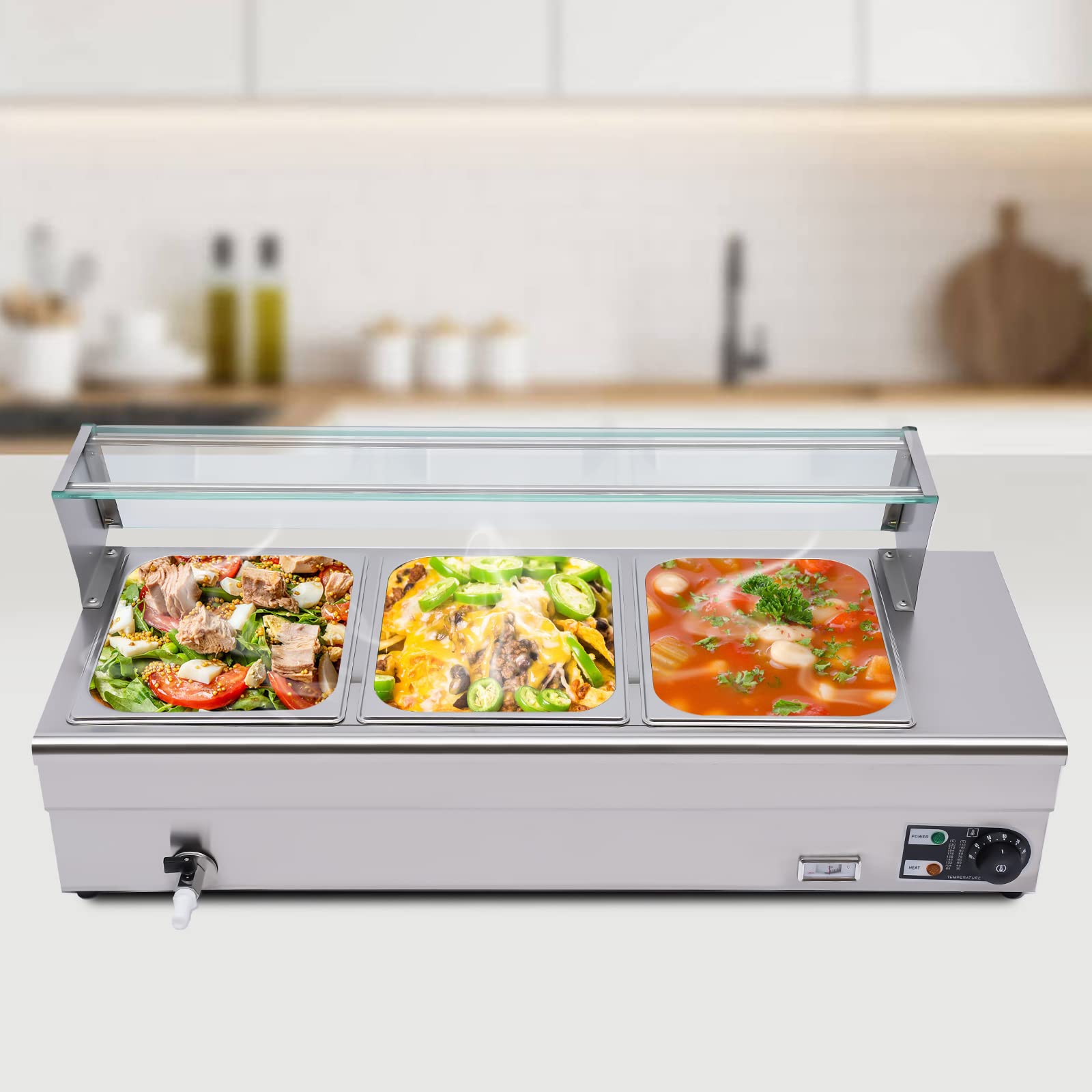 Riscaldatore piatto elettrico in acciaio inox 1200 W bagno marie a 3 casseruole Chafing Dish temperatura regolabile con coperchi,per la casa, caffetteria, festa di compleanno, ristorante, festa
