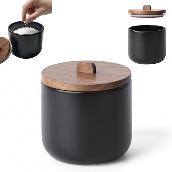 Kook Time Salero de Cocina de Cerámica CURVE - Bote Hermético con Tapa de Madera de Acacia. Tarro Multiusos para Sal, Azúcar o Especias. Diseño Nórdico Moderno. 11.5 x 12 cm. - Negro Mate - 1