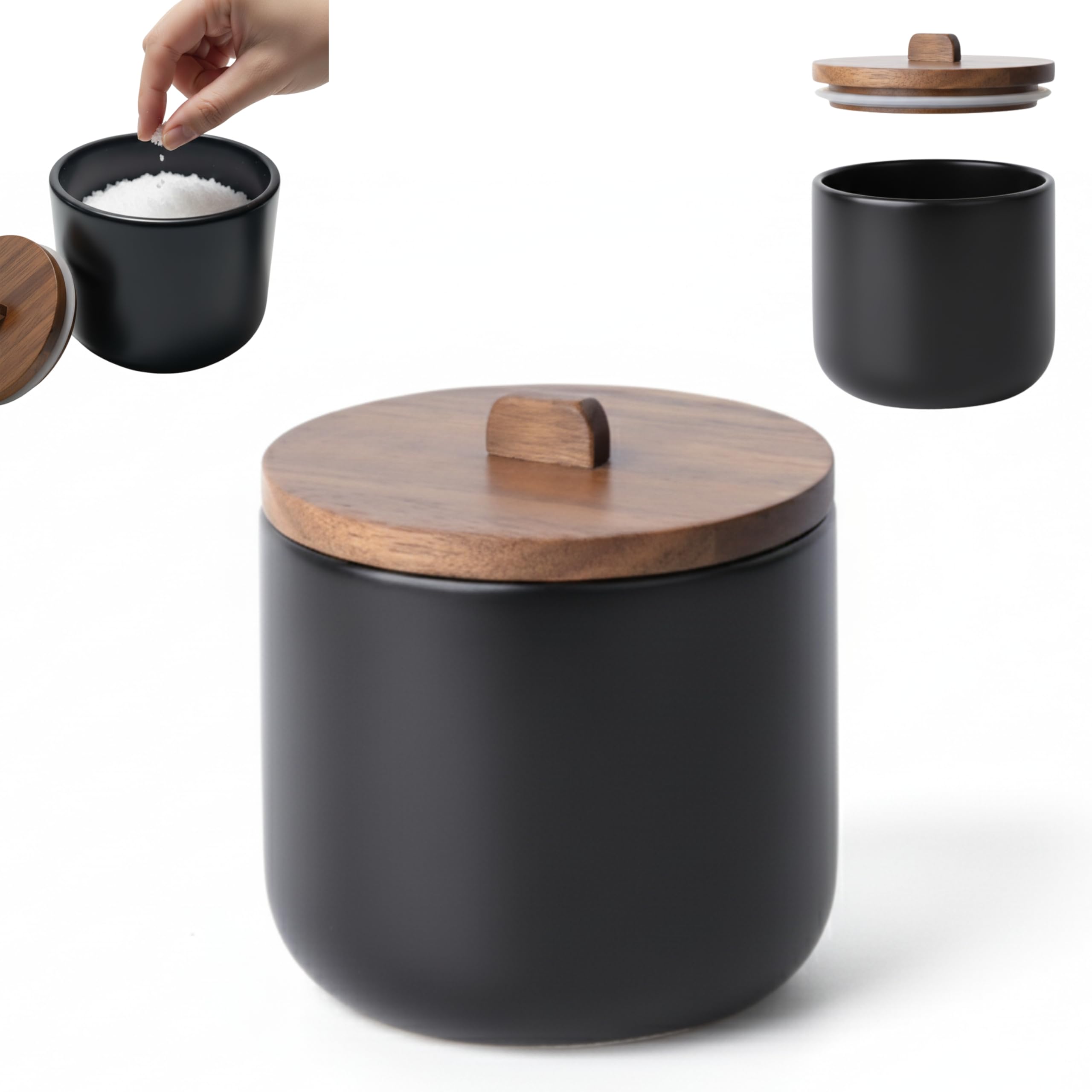 Kook Time Salero de Cocina de Cerámica CURVE - Bote Hermético con Tapa de Madera de Acacia. Tarro Multiusos para Sal, Azúcar o Especias. Diseño Nórdico Moderno. 11.5 x 12 cm. - Negro Mate - 1