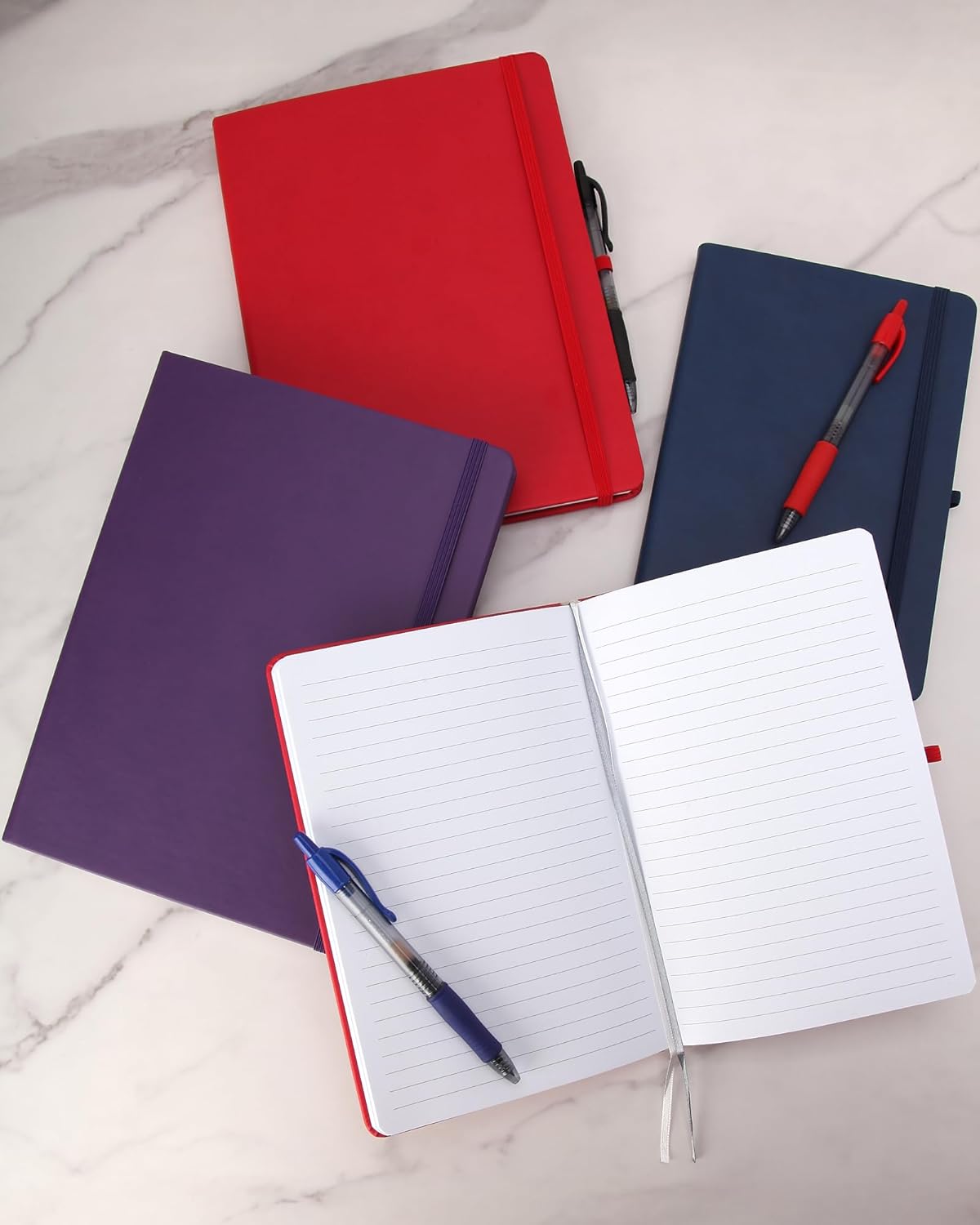 Eccolo Hardbound Writing Journal, Cool Jazz, 192 Pages of White Lined Paper with Elastic Band Closure, Lay Flat Design, Interior Gusset Pocket and Double Bookmarks (Navy Blue, 7.25-x-9.6 Inches)