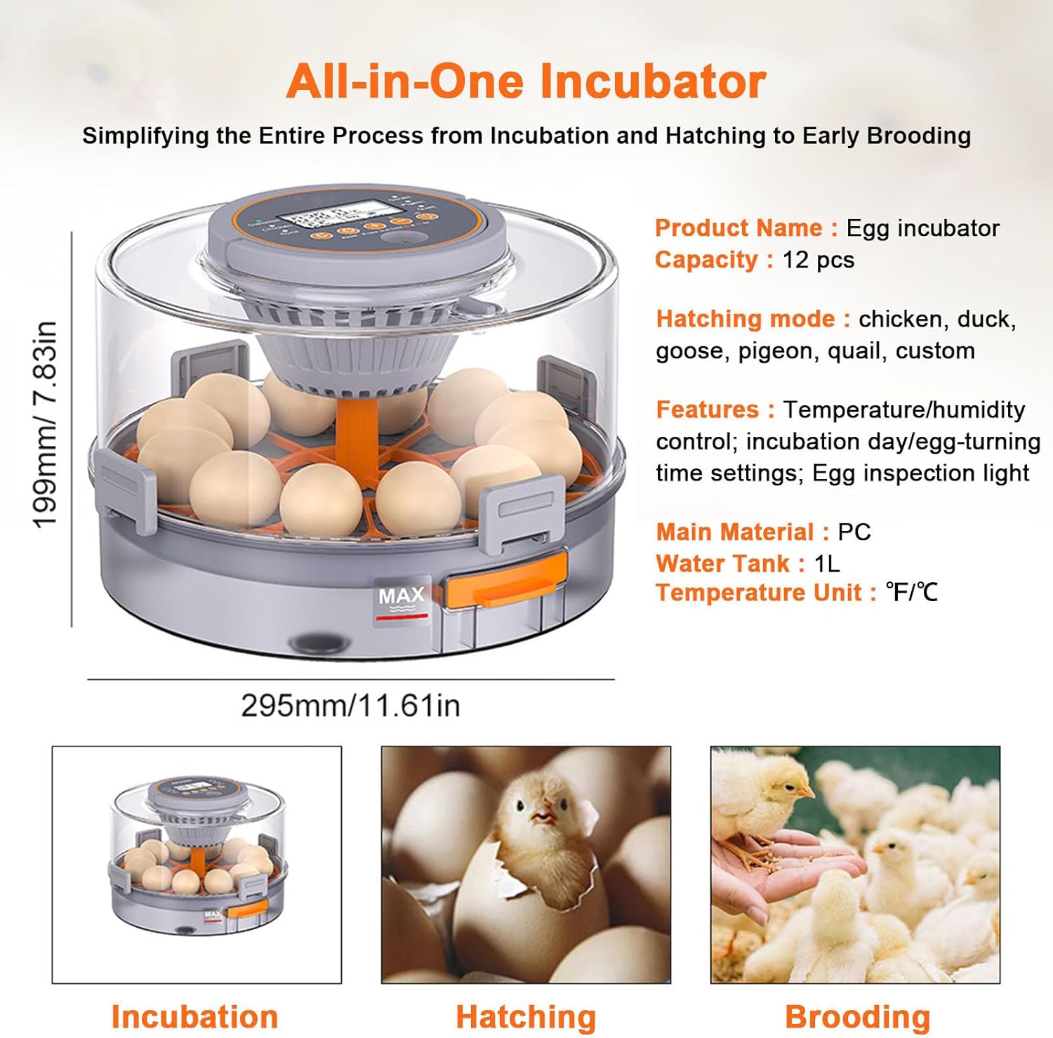 Automatic Egg Incubator for Hatching 12 Eggs - LED Egg Candler, Automatic Turning for Chicken, Duck, Goose, Quail, Parrot - Ideal for Home Use