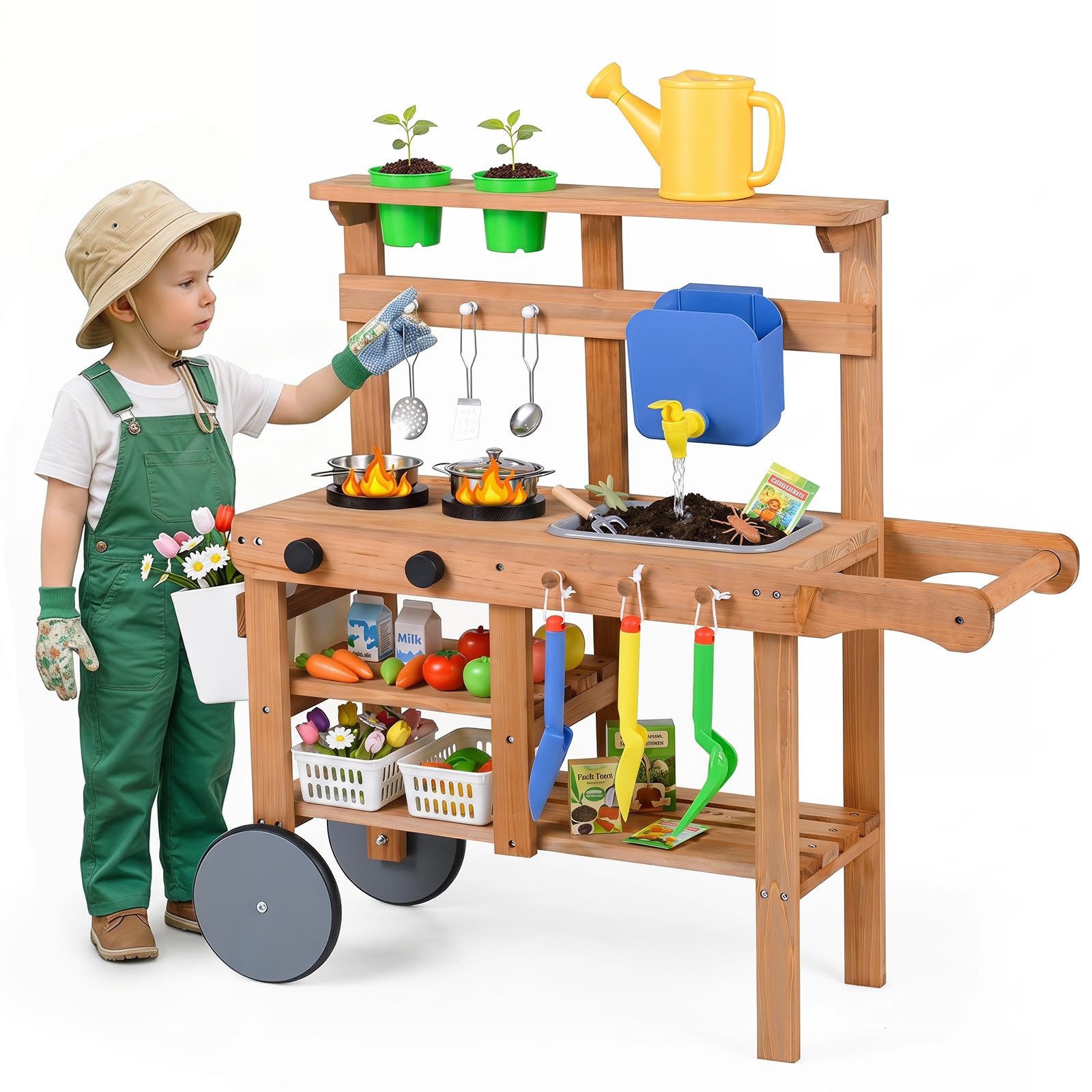 COSTWAY Cucina di Fango da Esterno, in Legno, per Bambini 3+ Anni | Cucina per Bambini con Padella, Serbatoio, Lavello, 2 Vasi di Fiori, 2 Ripiani Aperti, 2 Ruote e Accessori per Cucinare