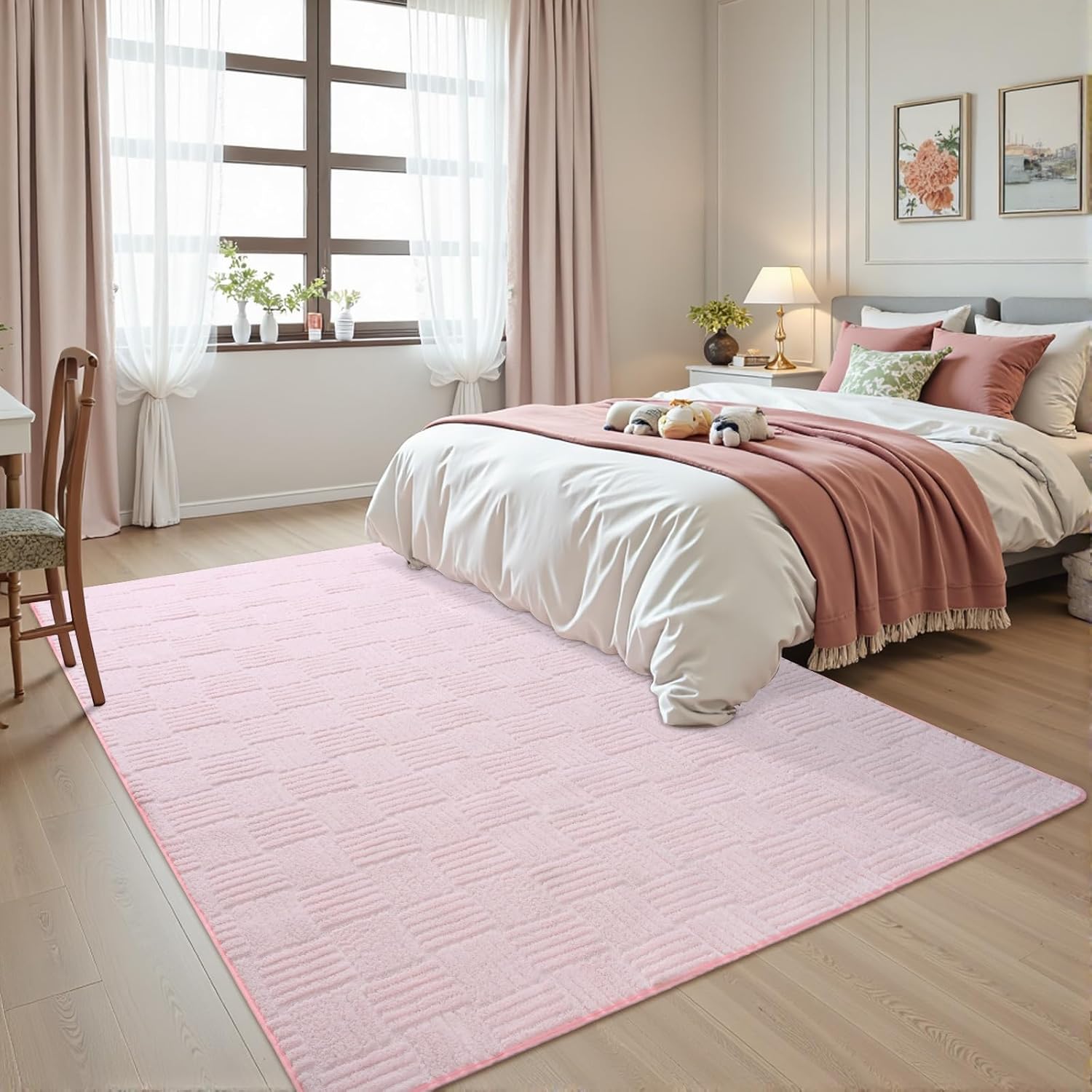 5x7 Pink Washable Shag Area Rug for Girls Bedroom, Modern Geometric Non Slip Living Room Rugs, Fluffy Soft Thick Carpet for Kids Room, Dorm, Office, and Home Decor - Image 2