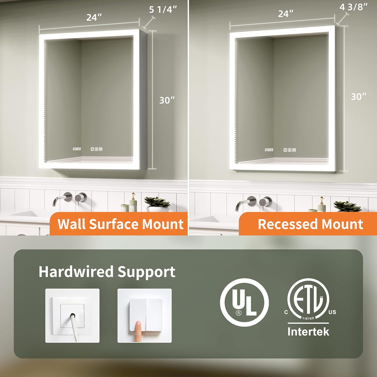 Edge LED Medicine Cabinet Mirror, 24x30 Inch Bathroom Storage, Recessed/Wall Mount, Plug-in/Hardwired, 3 Color Dimmable Light, Anti-Fog, Time Temp Display, Left Hinge