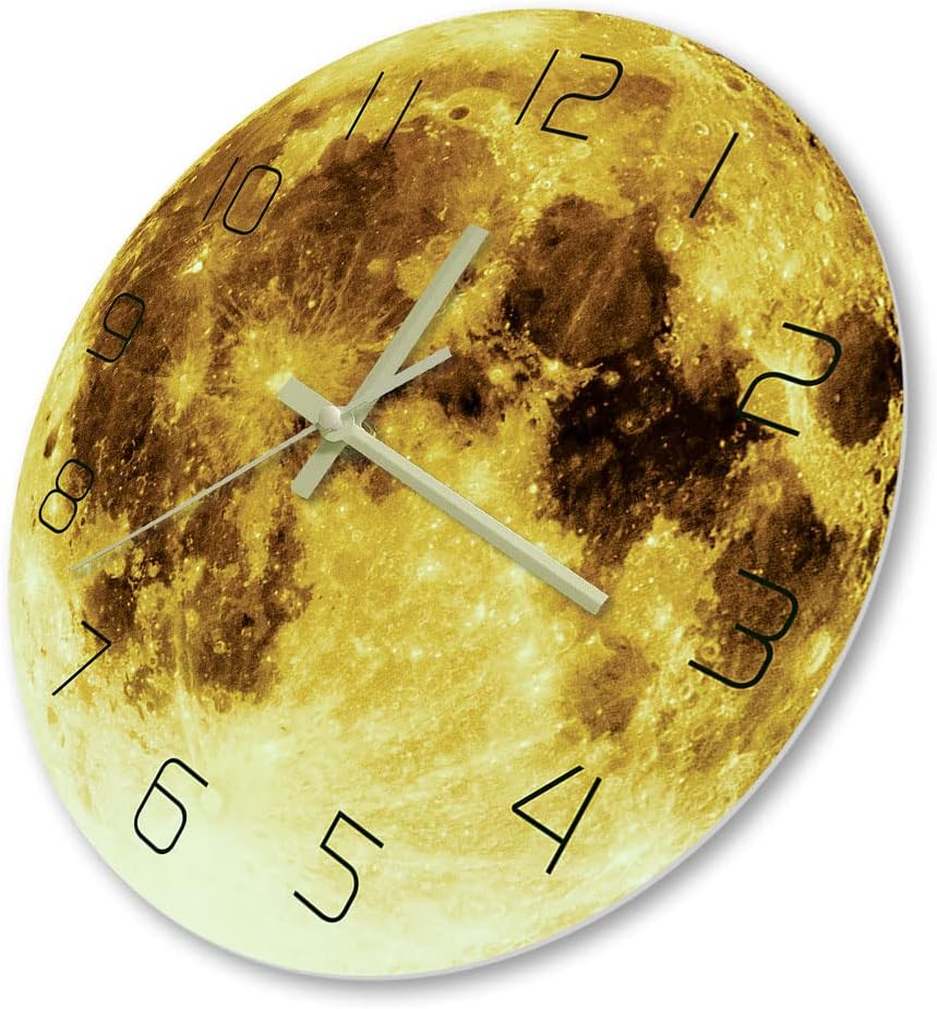 The Geeky Days Glow in The Dark Wall Clock, Yellow Full Moon 15inch Modern Luminous Silent Clock, Battery Operated Quartz Space Harvest Moon Acrylic Round Watch for Nursery Kids Room Decor
