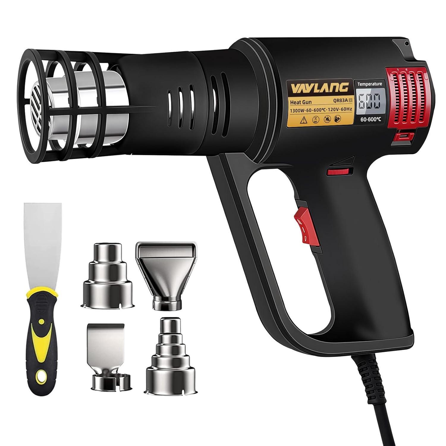 Digital Display Heat Gun 1300W, Variable Temperature 122°F-1202°F/50°C-650°C, 5 Speed & Temp Settings, Overheat Protection with 4 Nozzles for Shrink Wrapping, Electronics, Crafts