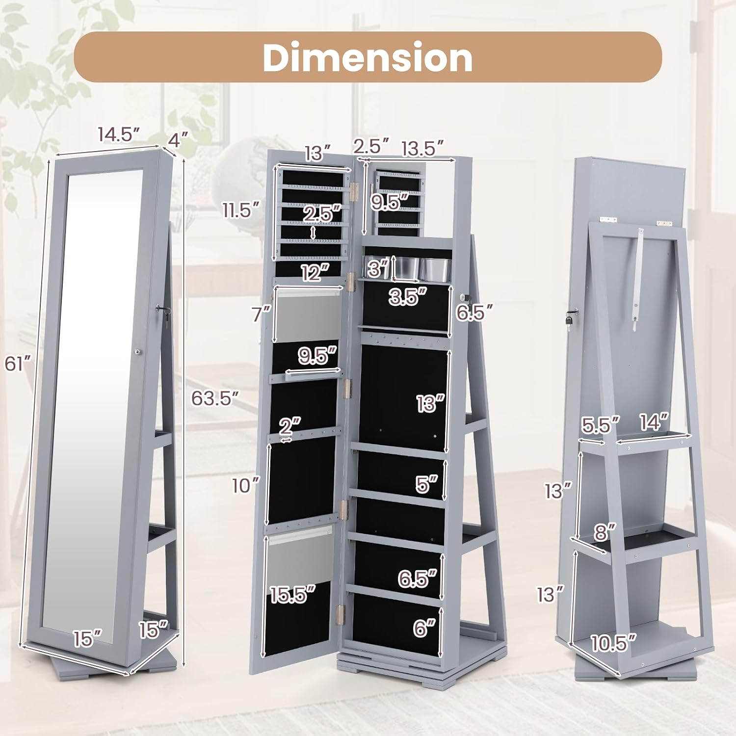 GOFLAME 360° Rotating Jewelry Armoire, Lockable Jewelry Cabinet with Full-Length Mirror & Inner Makeup Mirror, Standing Jewelry Storage Organizer with Rear Storage Shelves, Gray