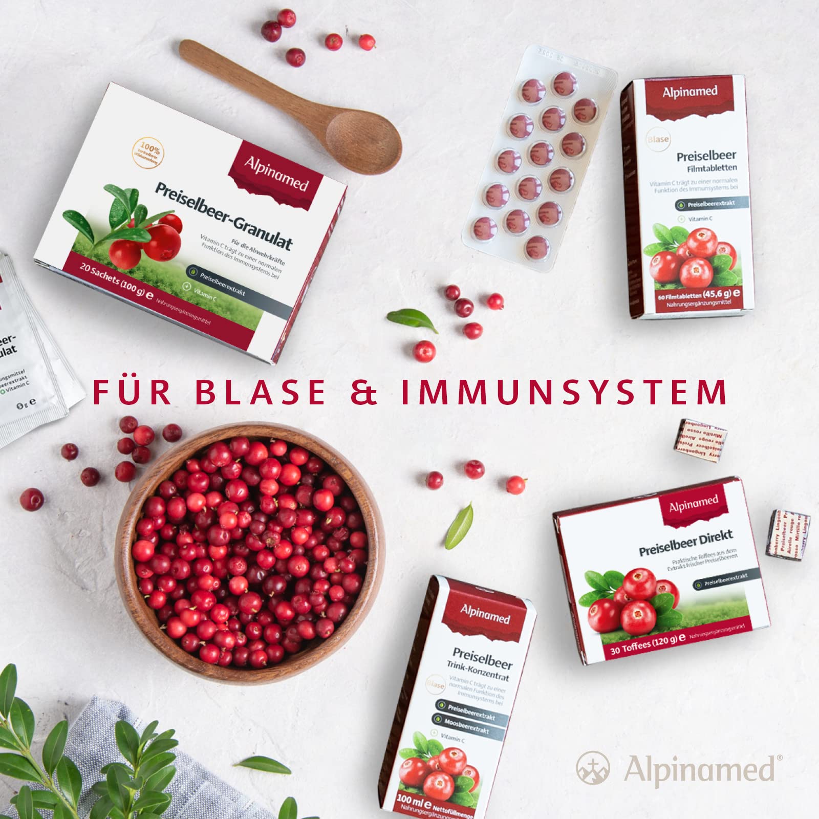 Alpinamed® Preiselbeer-Granulat – Zur Unterstützung vor, während und nach einer Blasenentzündung - 20 Sachets mit hochwertigem Preiselbeer-Gesamtextrakt & Vitamin C – Vegan & ohne Zusatzstoffe