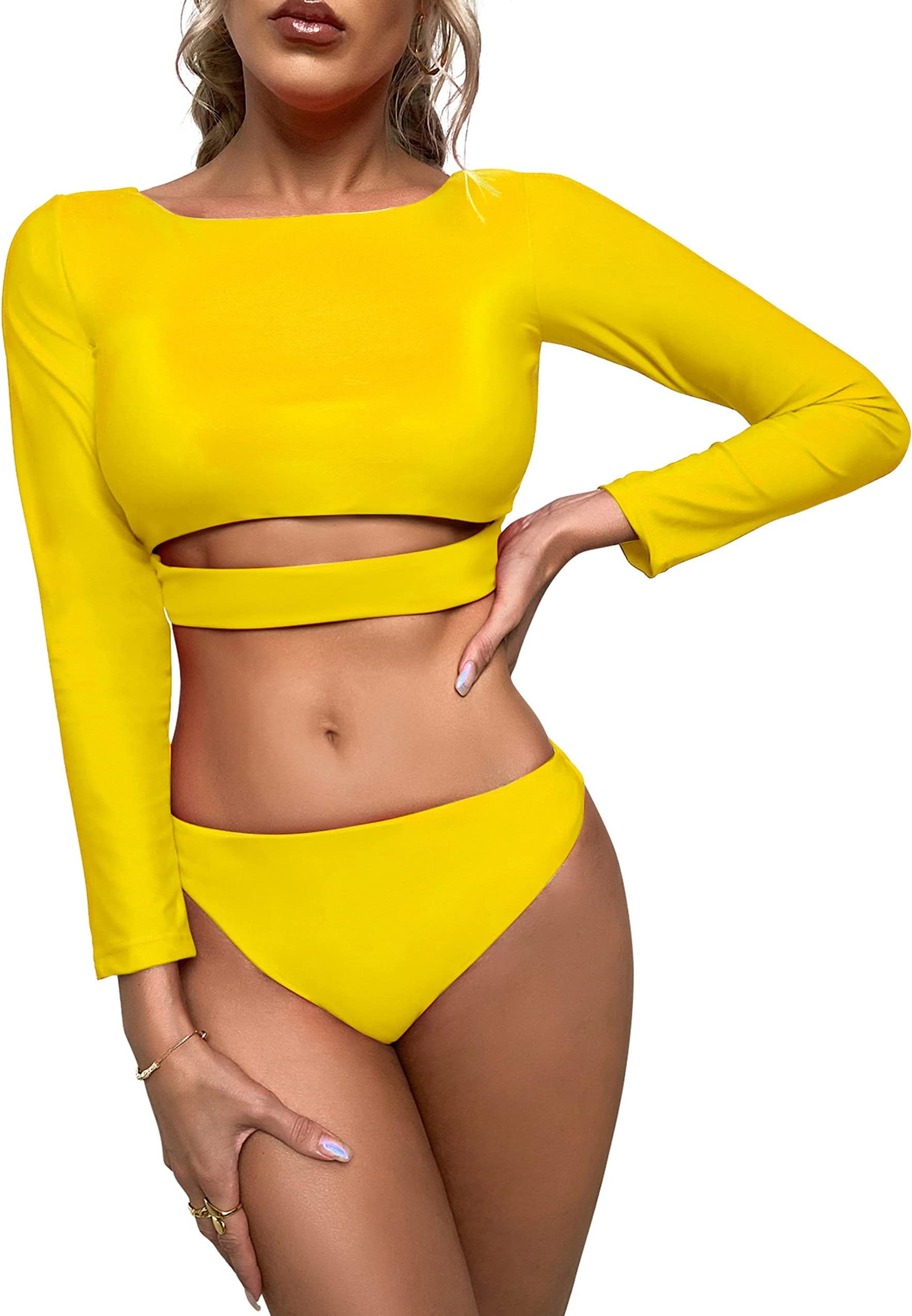 CPUTAN Women's Long Sleeve Sun Protection Swim Shirt Two Piece Rash Guard Printed Swimsuit Set