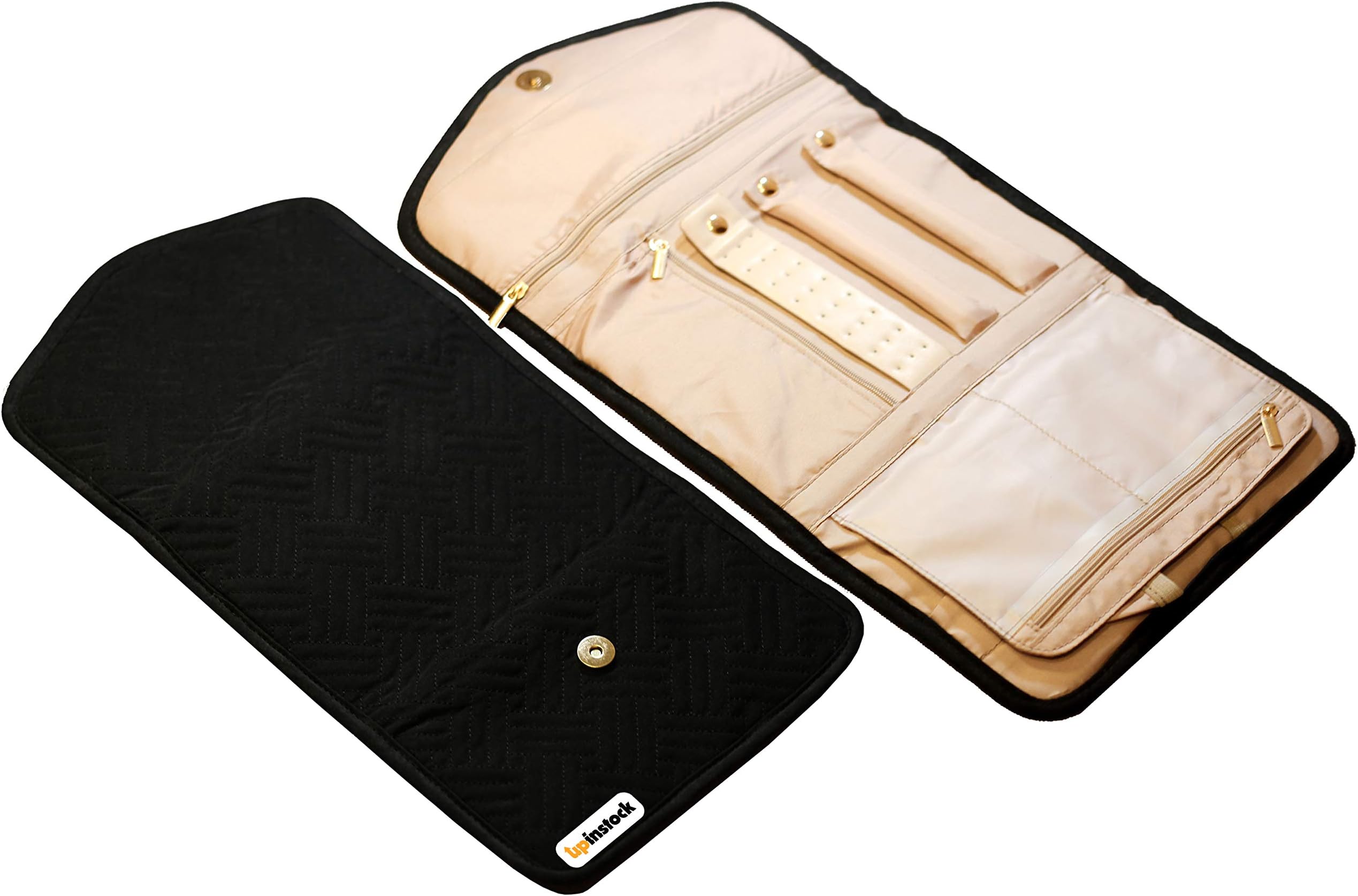 UpinStock Jewelry Travel Organizer - Velvety Soft Portable Pouch for Rings - Bracelets - Earrings - Watches - Foldable Rolling Case for Women - Multiple Storage Compartments - Compact Wallet Size