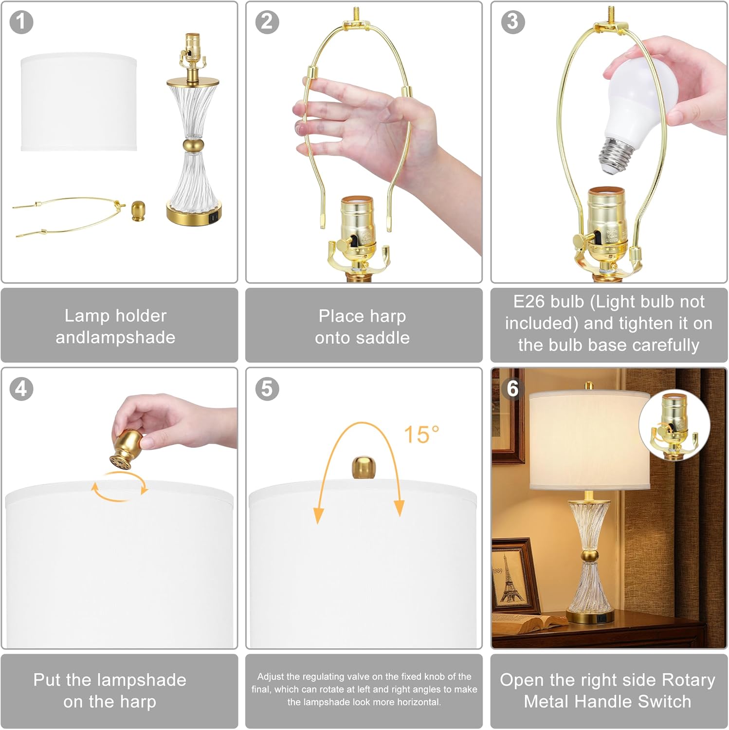 25" Crystal Glass Table Lamps Set of 2, with USB C+A Ports, Gold Bedside Lamp, White Drum Shade, for Bedroom Living Room Home Nightstand Table Lamp