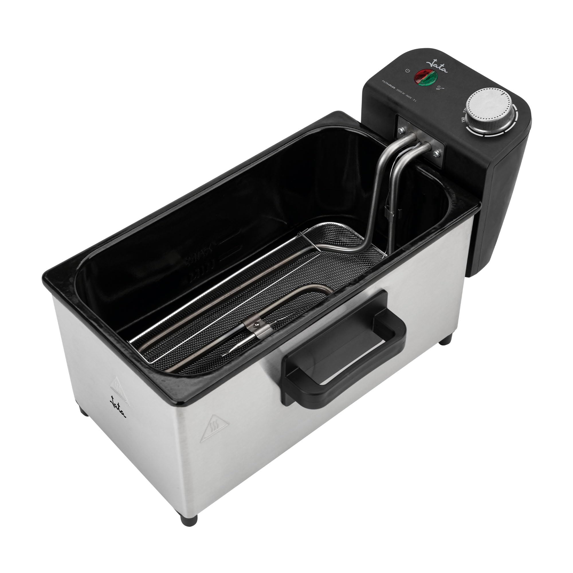 JATA JEFR1680 - Freidora Aceite 3 L 2000 W | Termostato Ajustable | Zona fría para aceite limpio | Desmontable. Fácil limpieza | Cuerpo Acero Inoxidable | Frituras crujientes