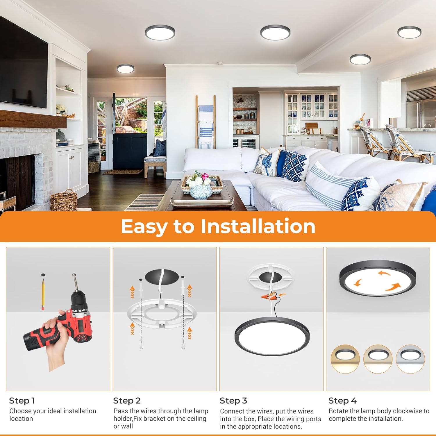 slochi 6Pack LED Flush Mount Ceiling Light Fixture, 9 Inch Light Fixture, 3000K-4000K-6500K Round Flat Bedroom Lights, Closet Round Surface for Bathroom Laundry Bedroom Hallway
