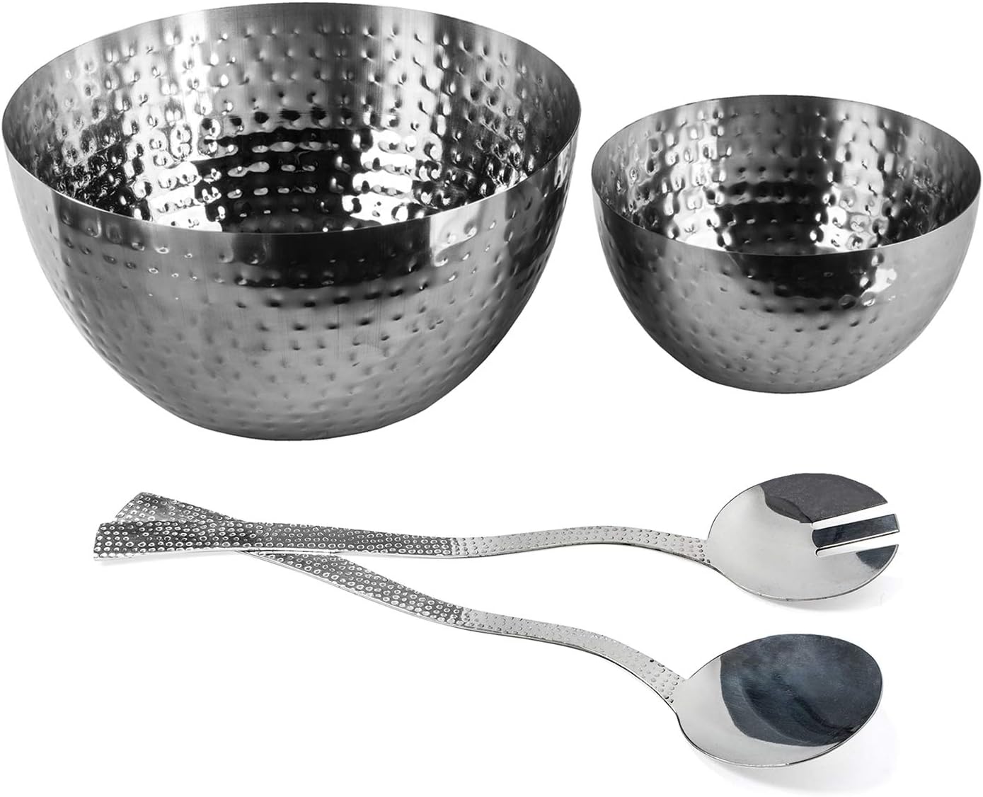 Stainless Steel Hammered Bowl 4.5 Quart &1.5 Quart - 4 PC Hammered Salad Bowl Set- Stainless Steel Salad Bowls with Hammered Salad Serving Utensils