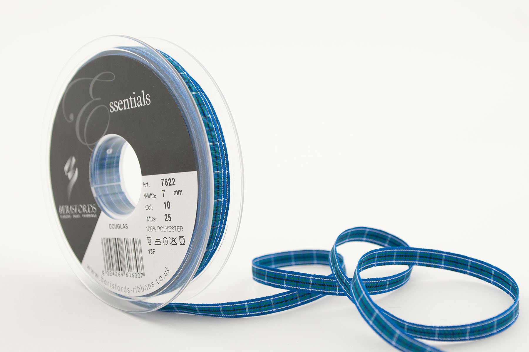 Berisfords Blue 7622 25 M X 7 Mm Traditional Tartan Ribbon, Douglas,